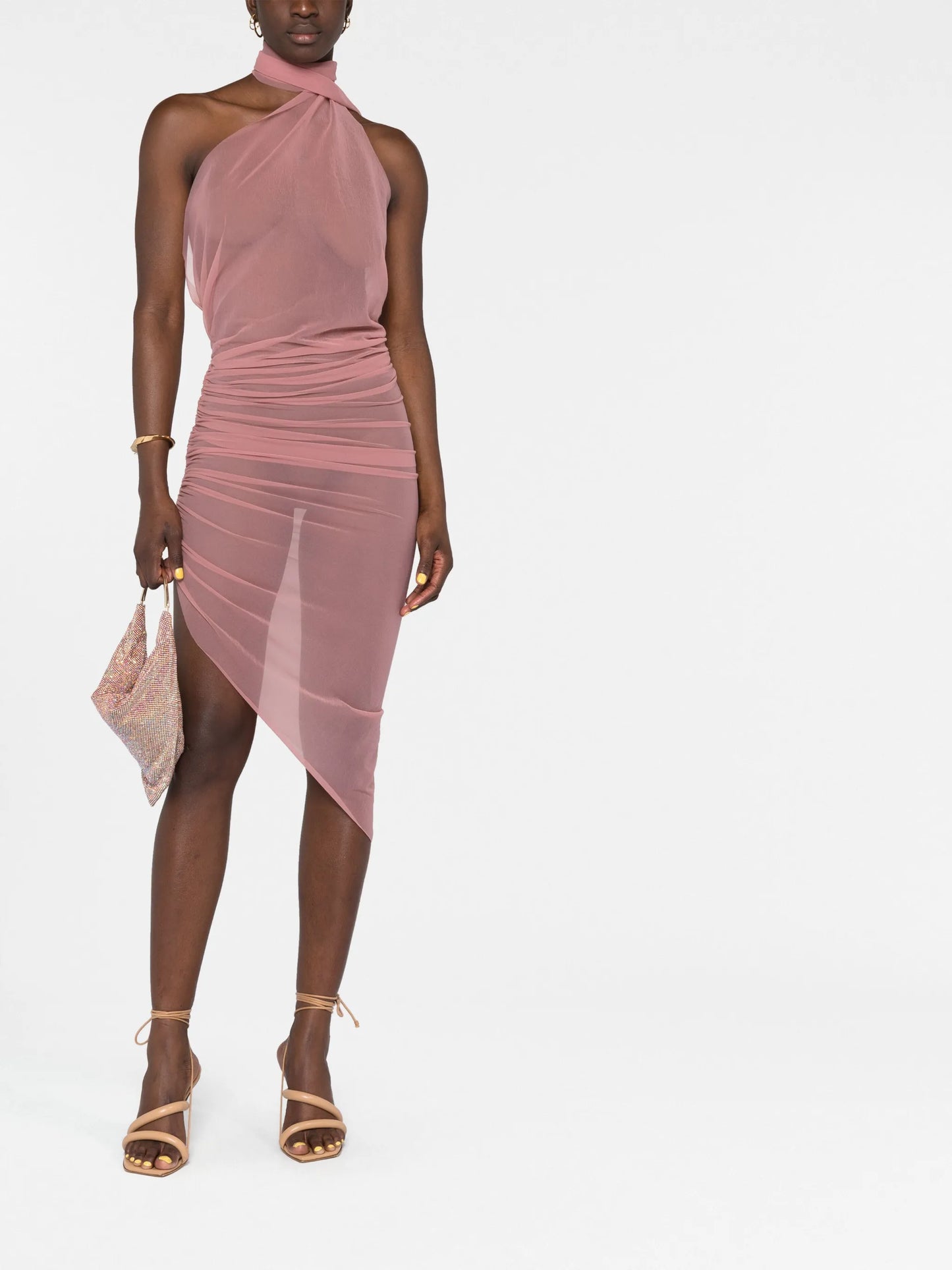sheer halterneck asymmetric dress