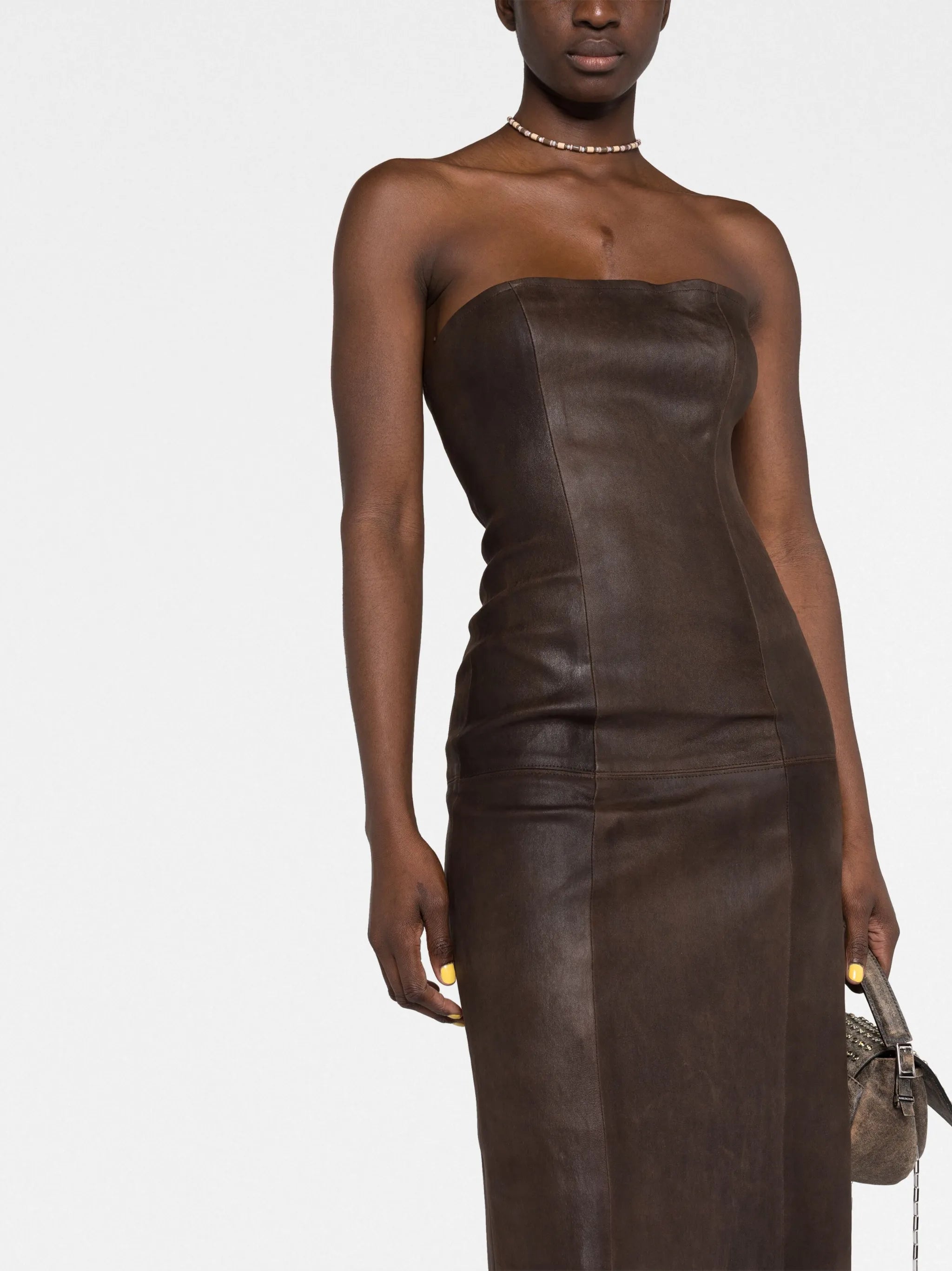 panelled leather bustier maxi dress