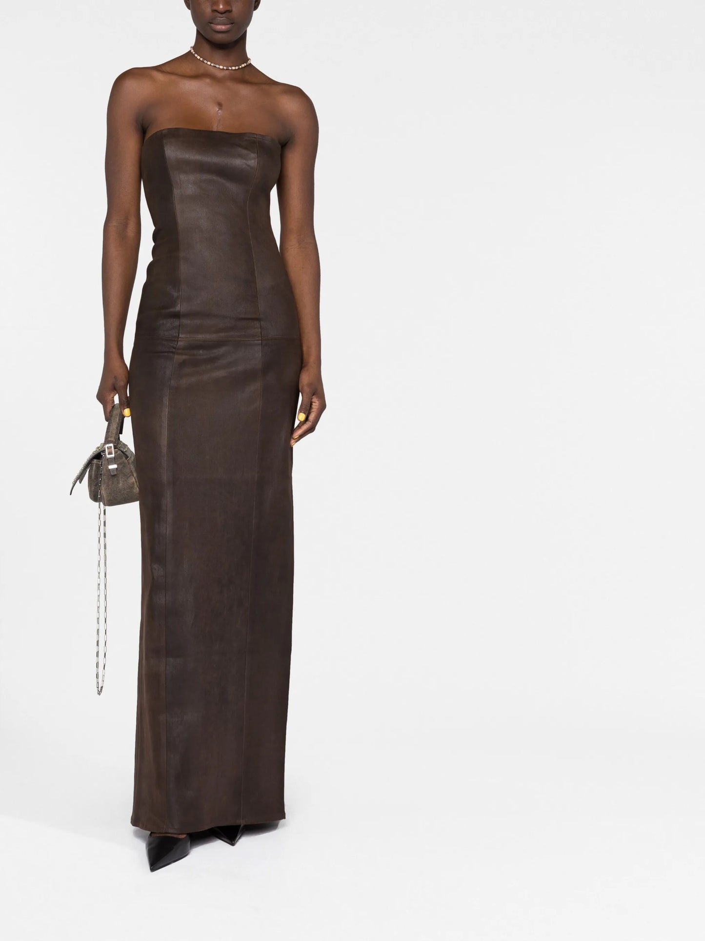 panelled leather bustier maxi dress