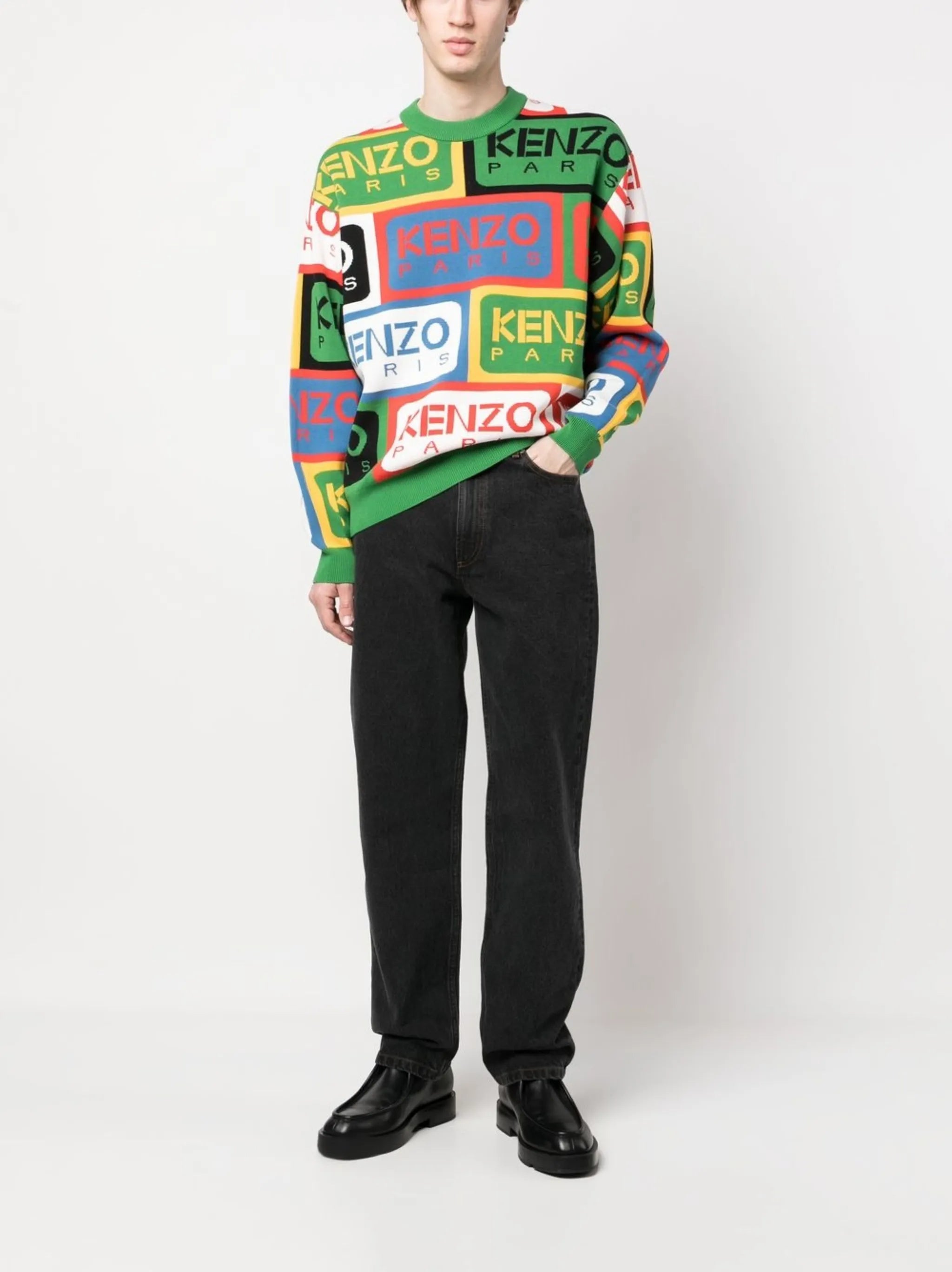 Green Intarsia Knit Crew Neck Jumper