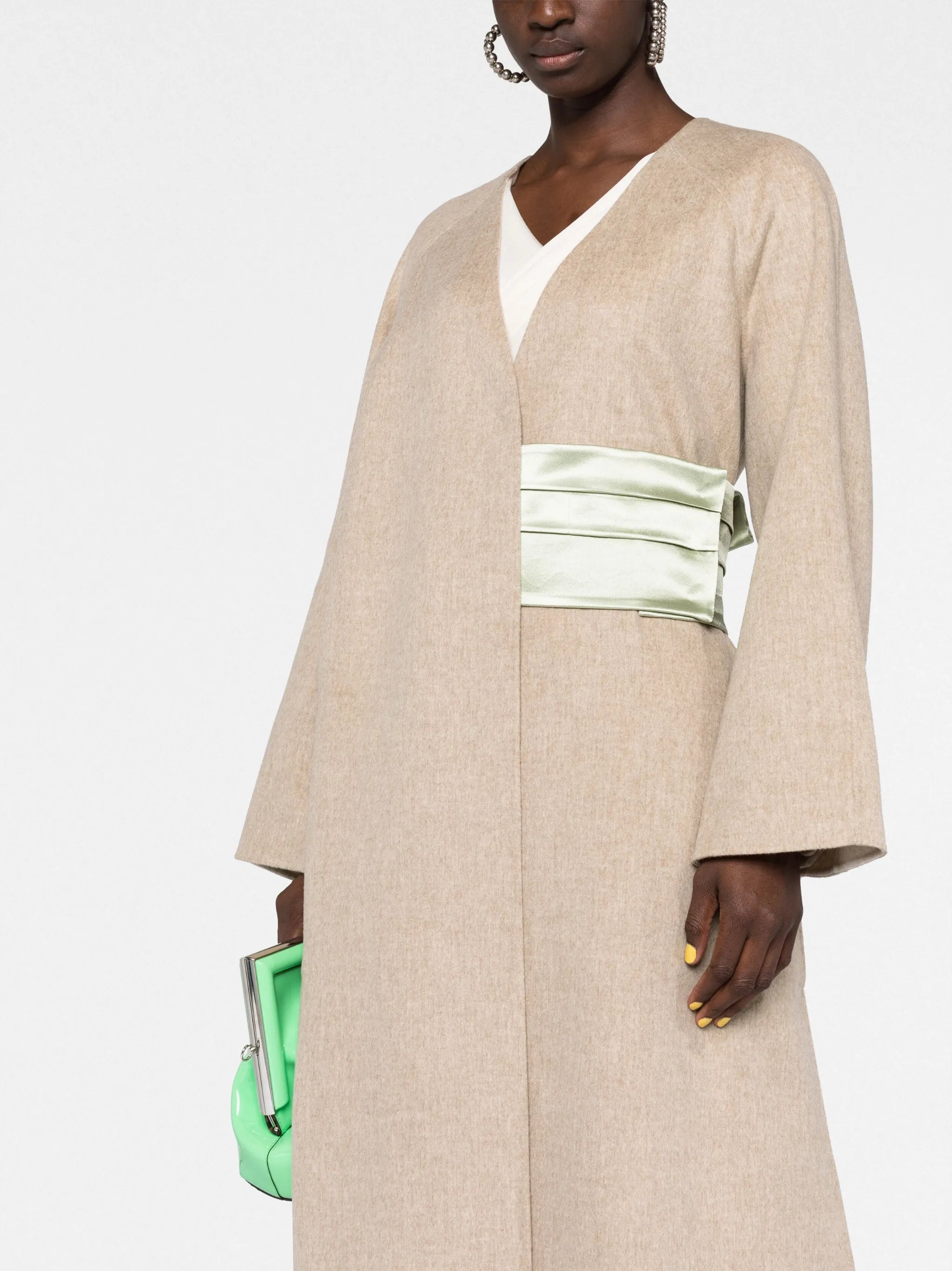 silk-belted wool-blend wrap coat