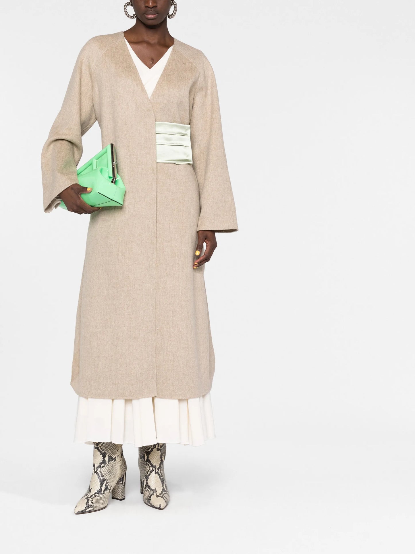 silk-belted wool-blend wrap coat