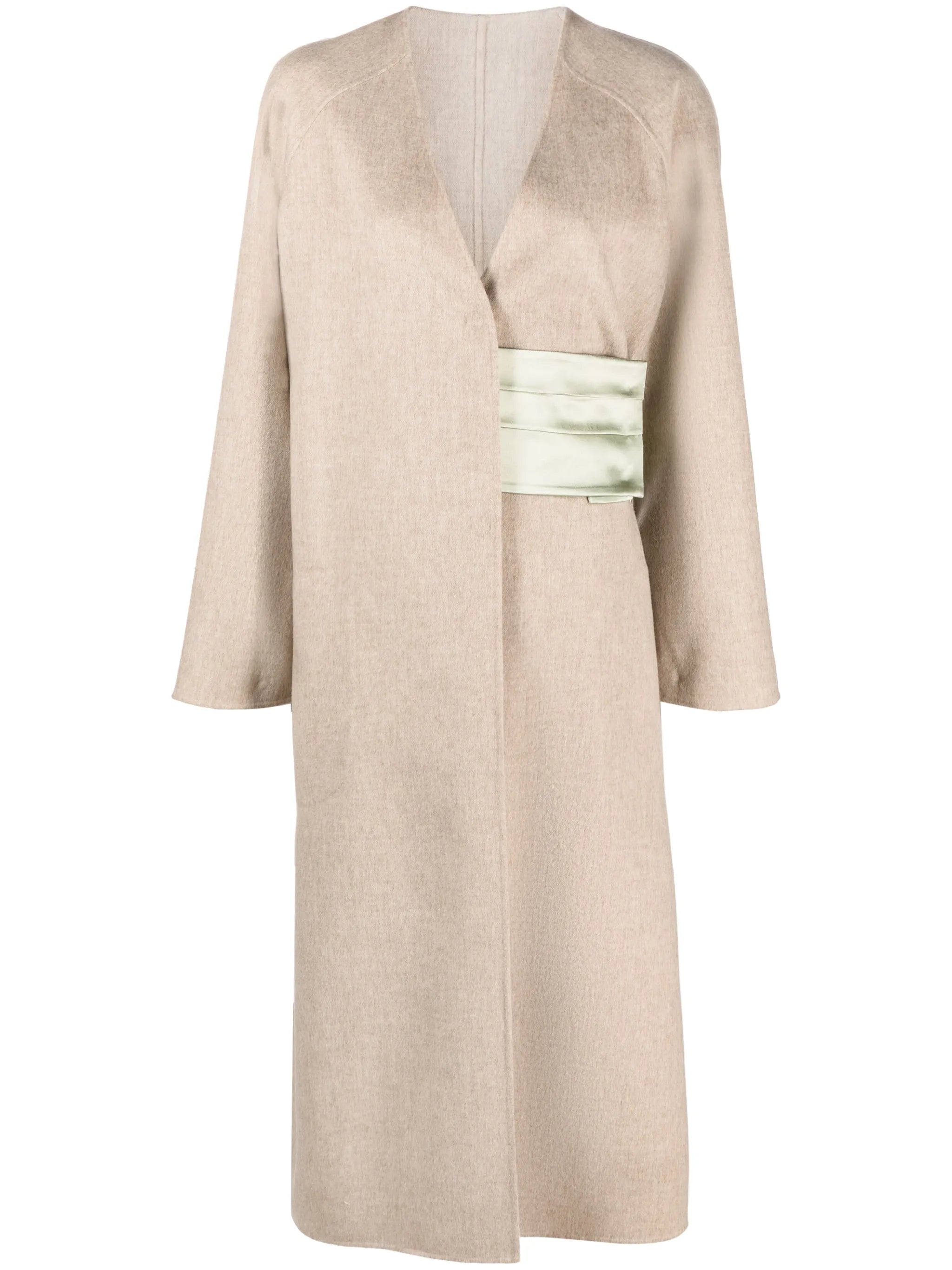 silk-belted wool-blend wrap coat