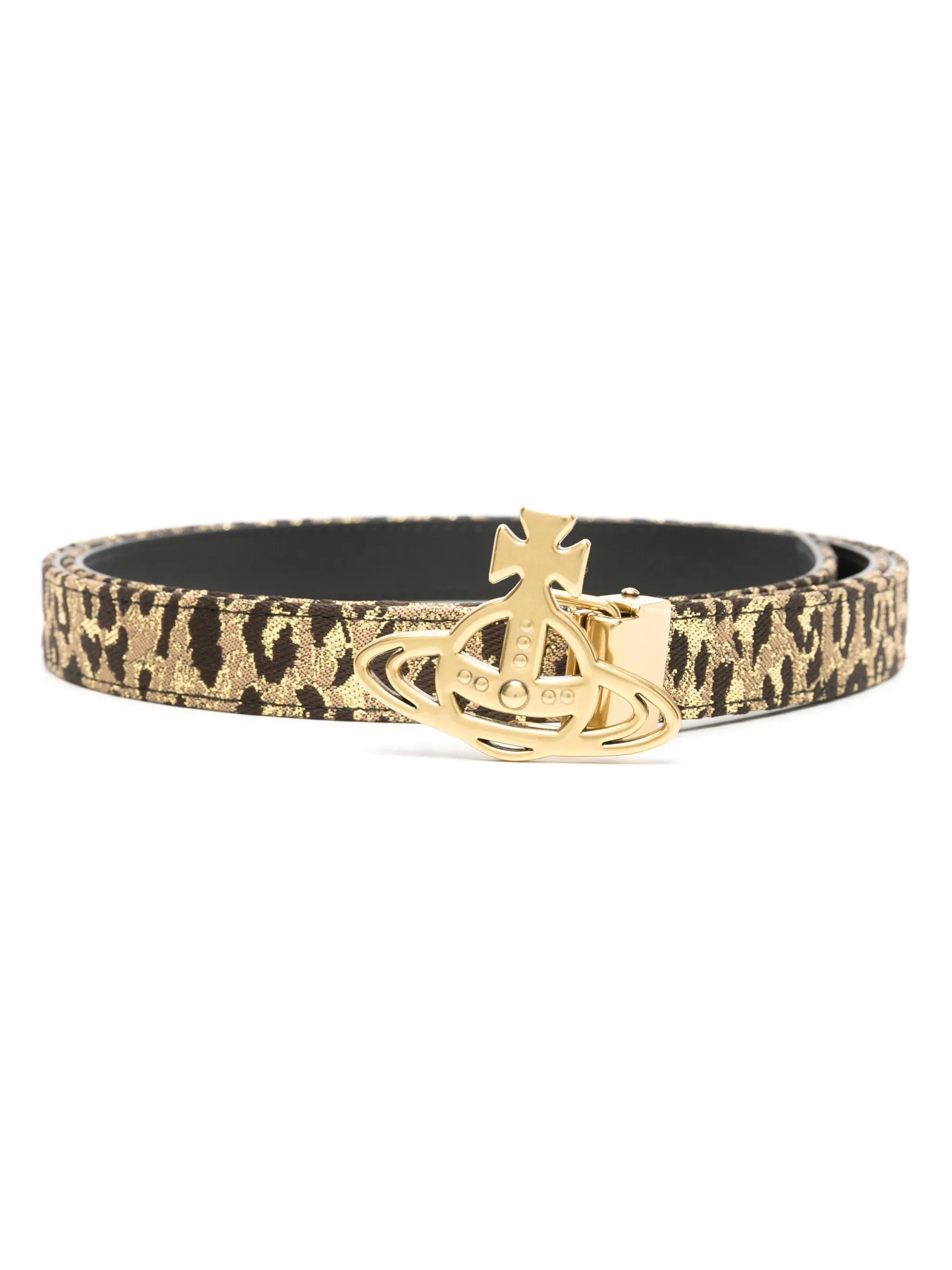 Orb-buckle leopard-lurex belt