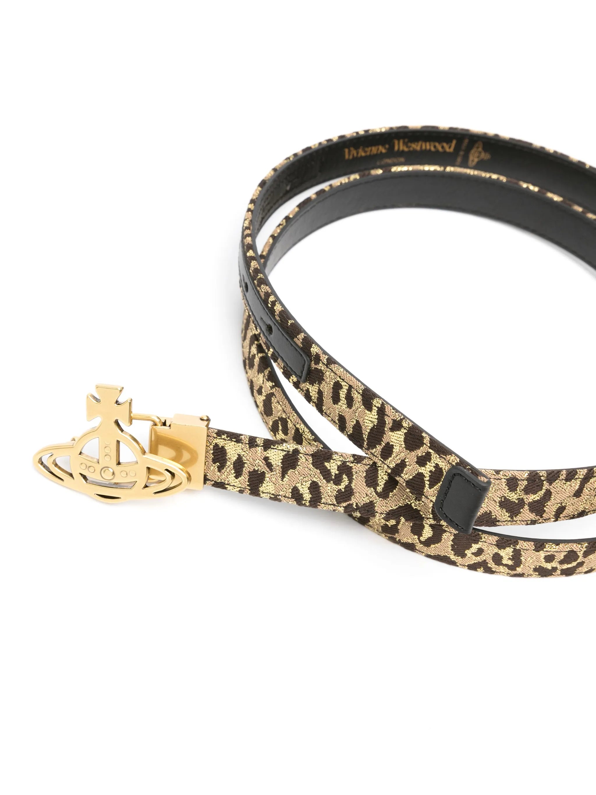 Orb-buckle leopard-lurex belt