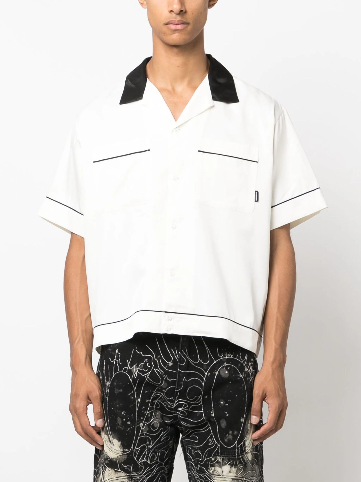 slogan-embroidered bowling shirt