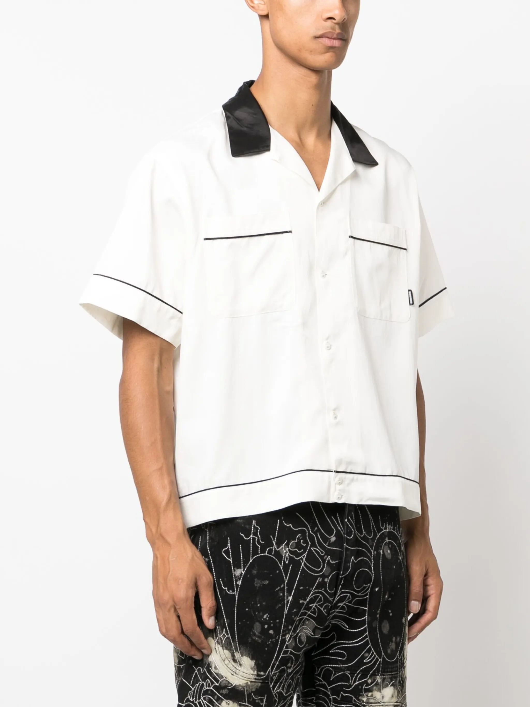 slogan-embroidered bowling shirt