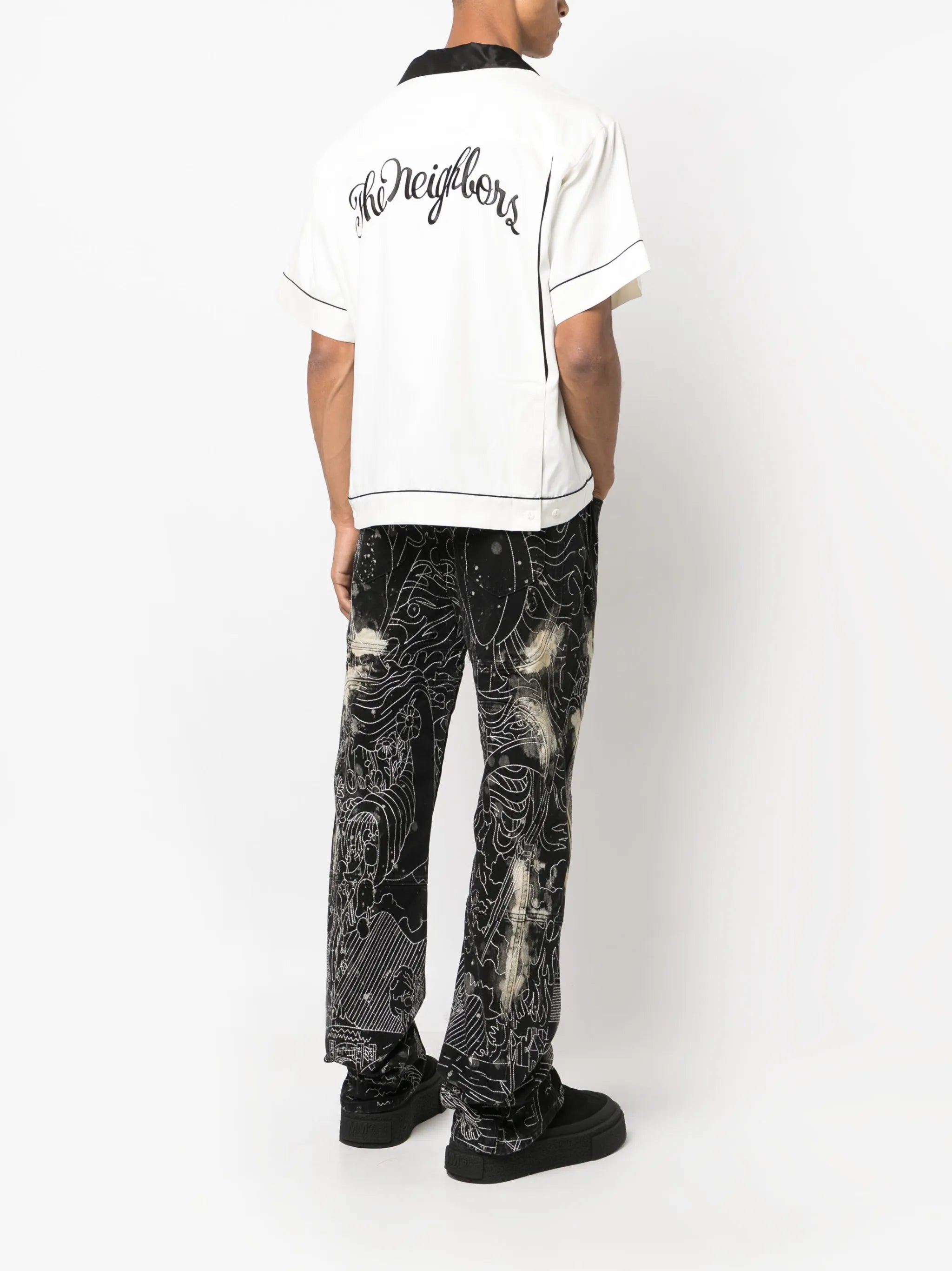 slogan-embroidered bowling shirt