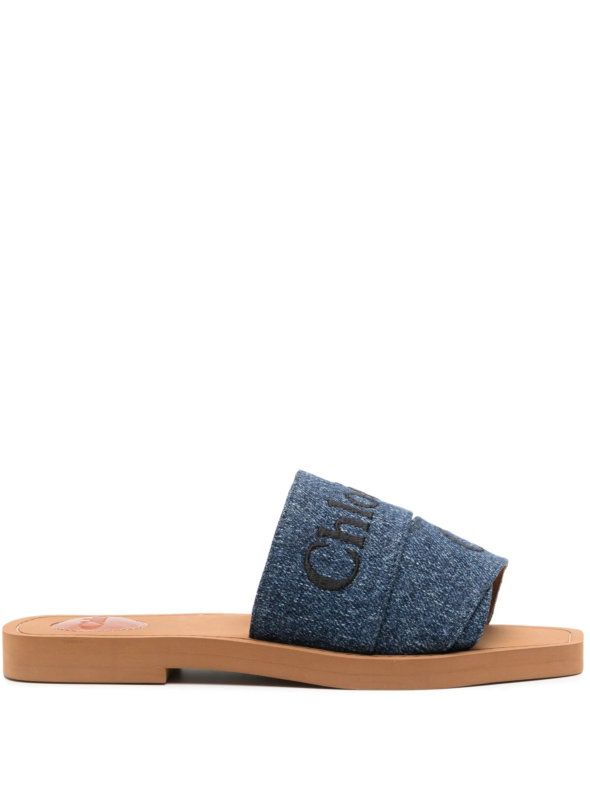 Woody logo-embroidered denim slides