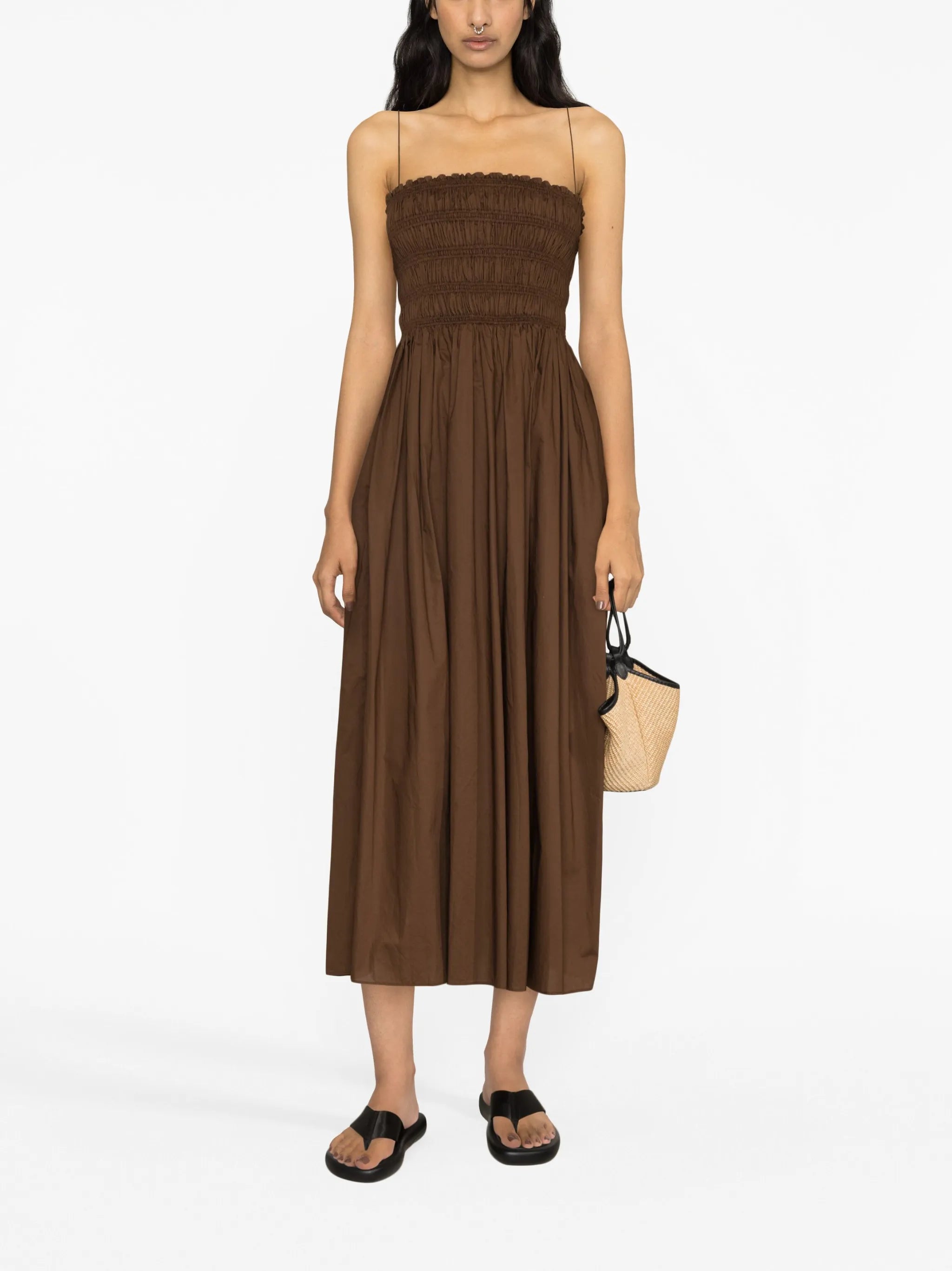 shirred cotton midi dress