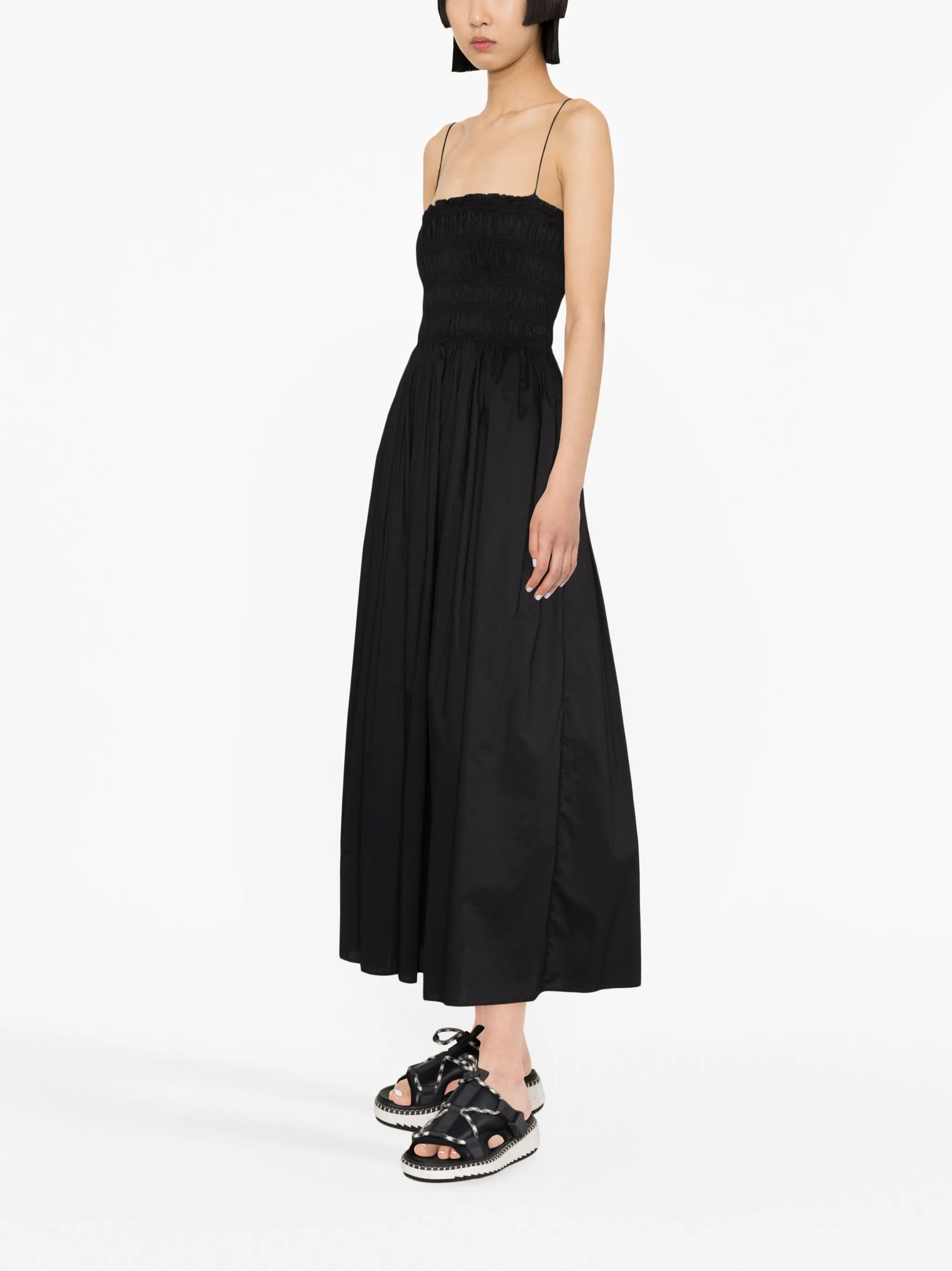 shirred-panel poplin midi dress