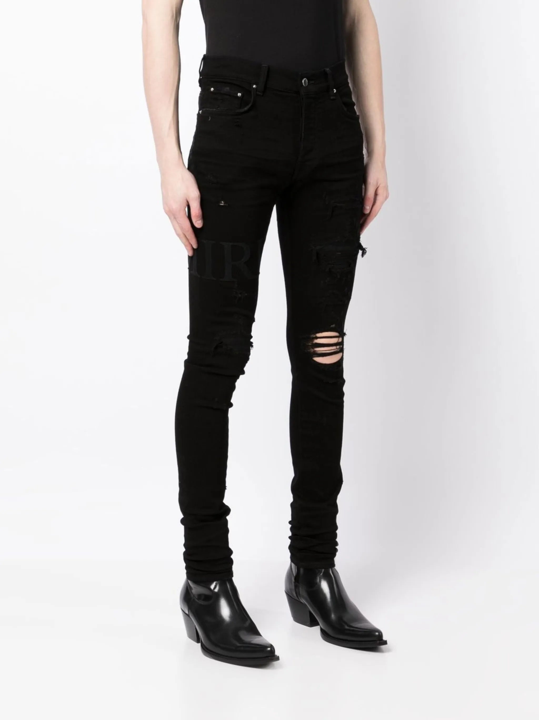 ripped-knee logo-print skinny jeans
