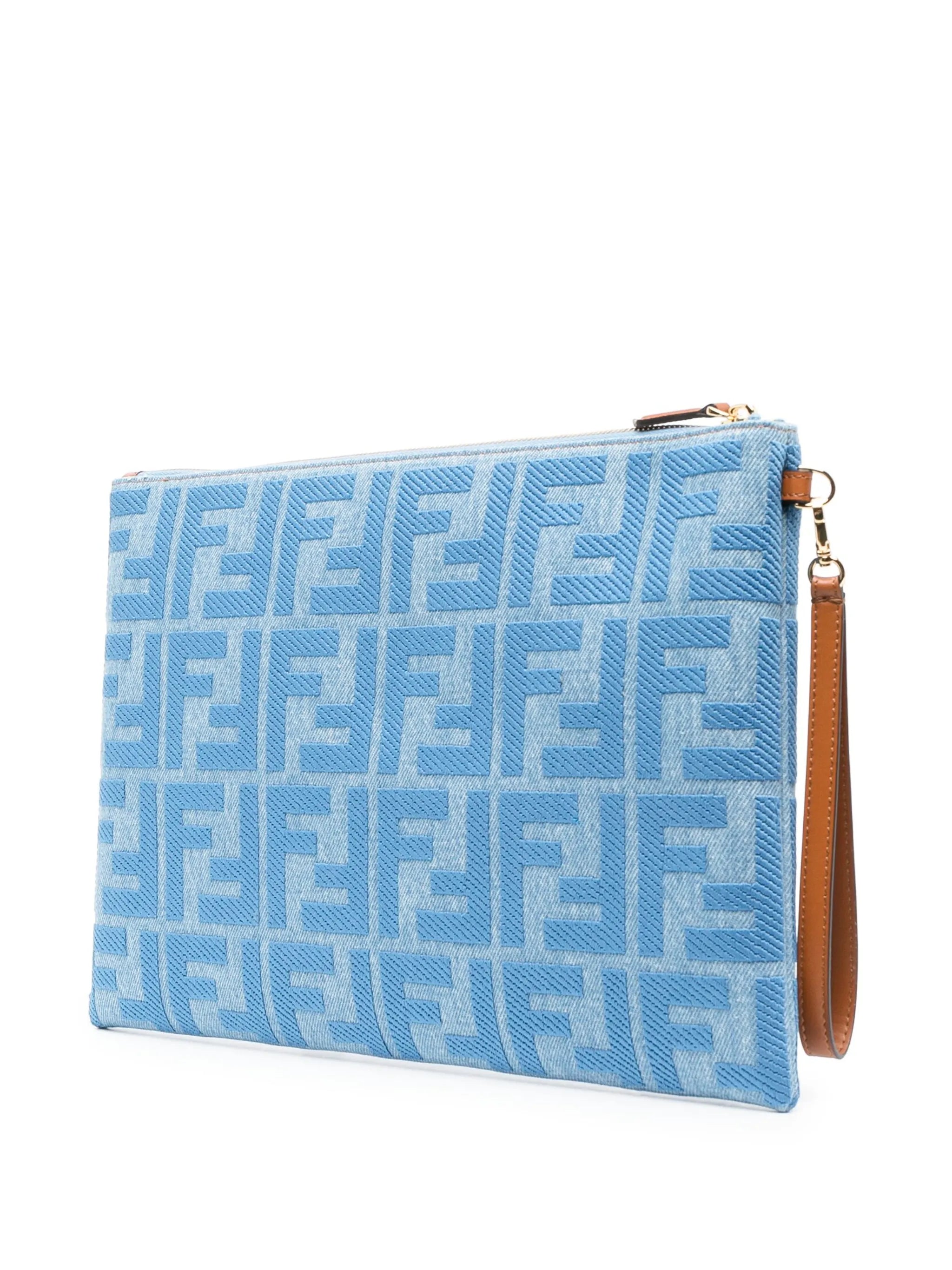 large FF-pattern denim flat pouch