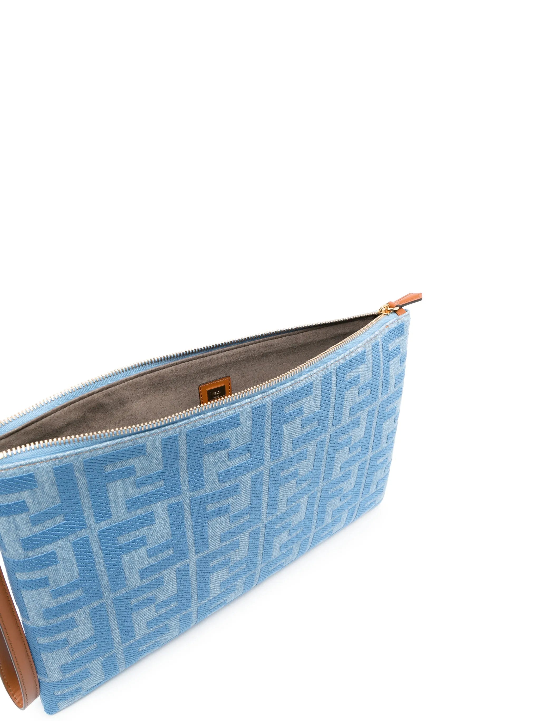 large FF-pattern denim flat pouch