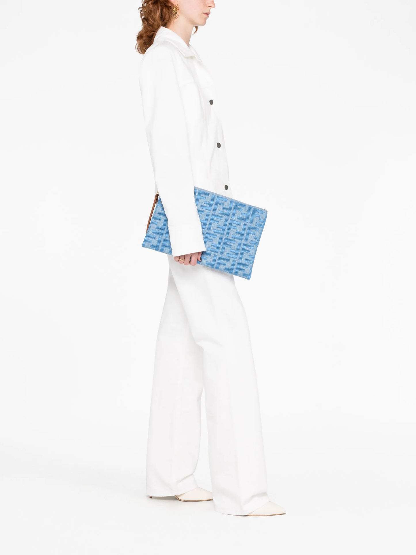 large FF-pattern denim flat pouch