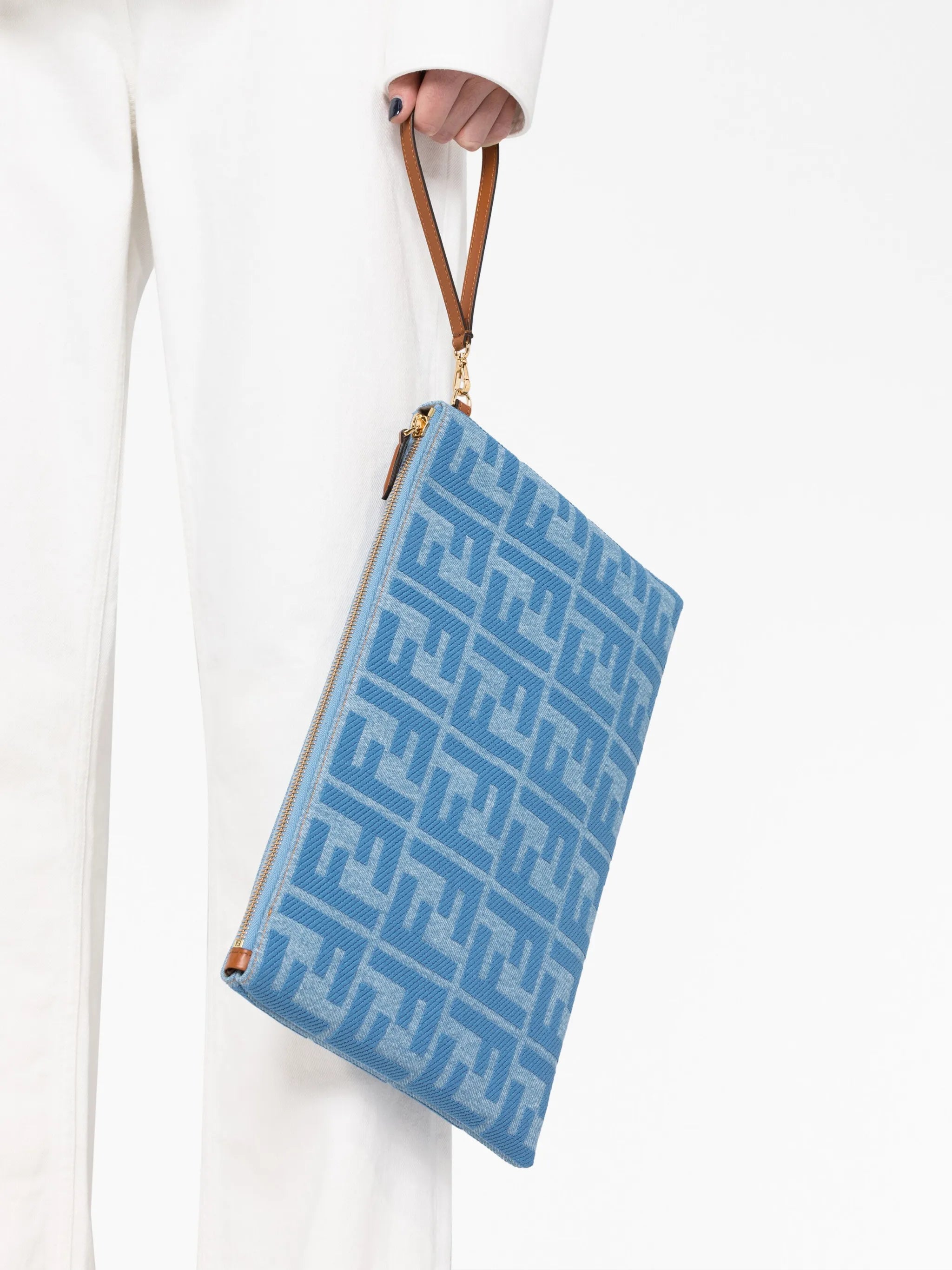 large FF-pattern denim flat pouch
