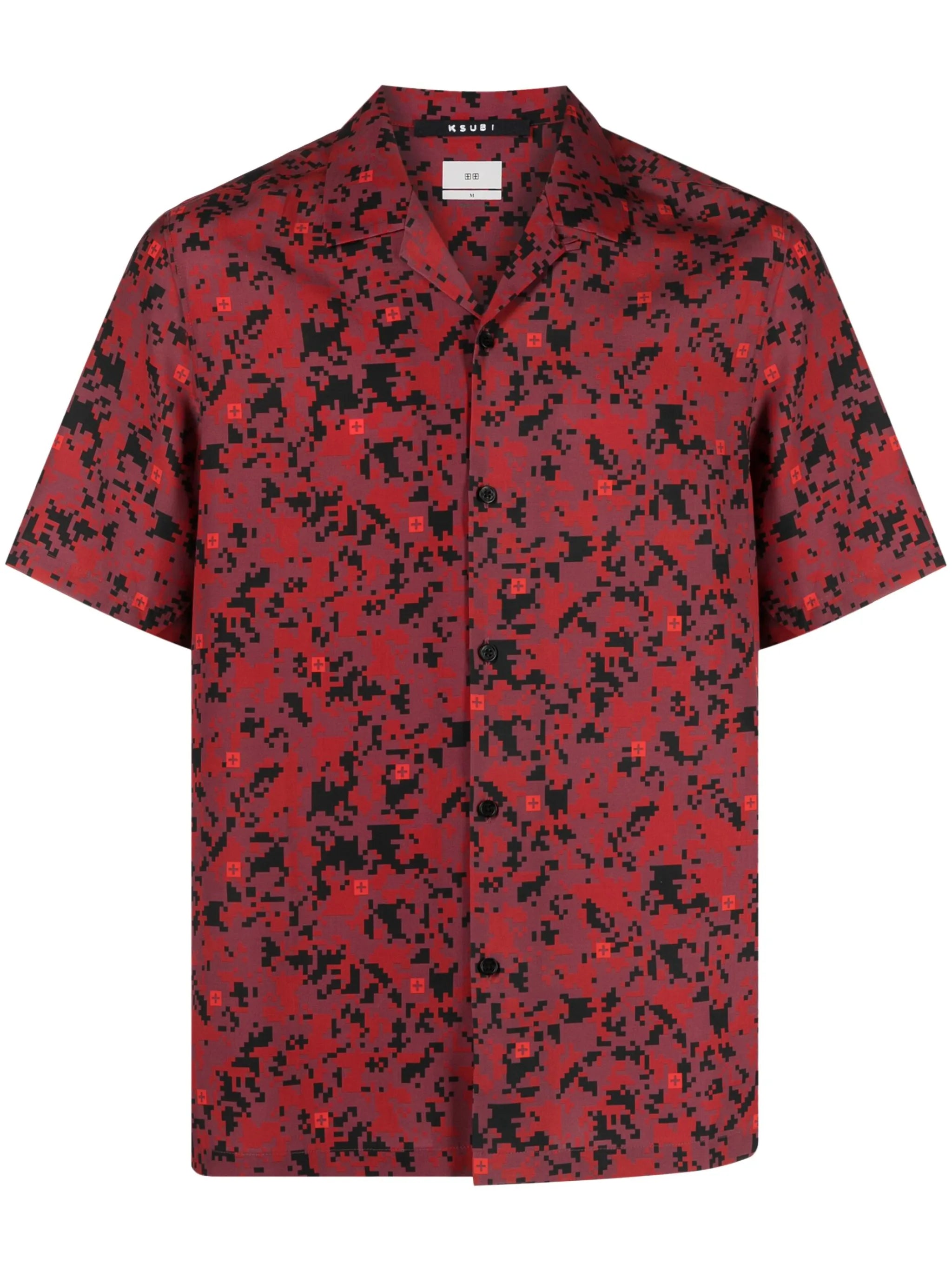 Cuban-collar pixelated-print shirt
