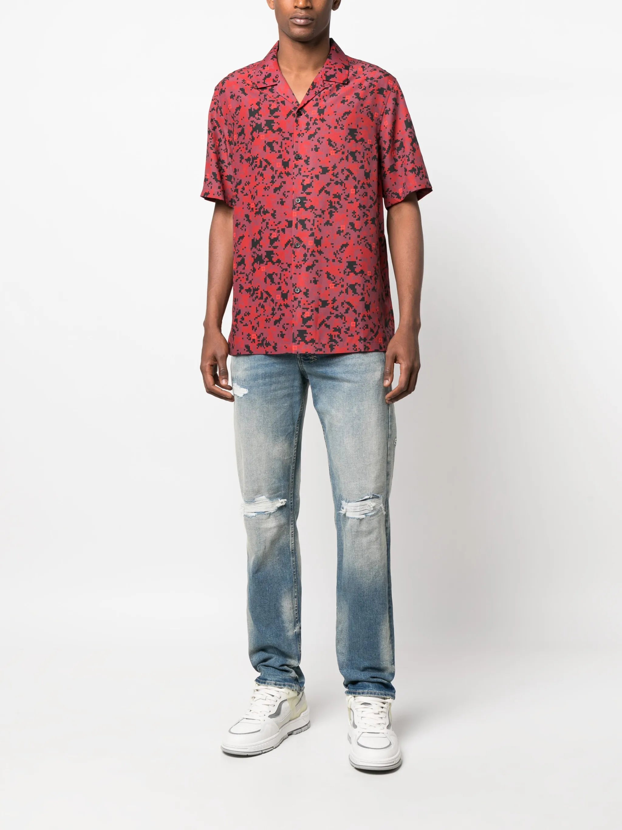 Cuban-collar pixelated-print shirt