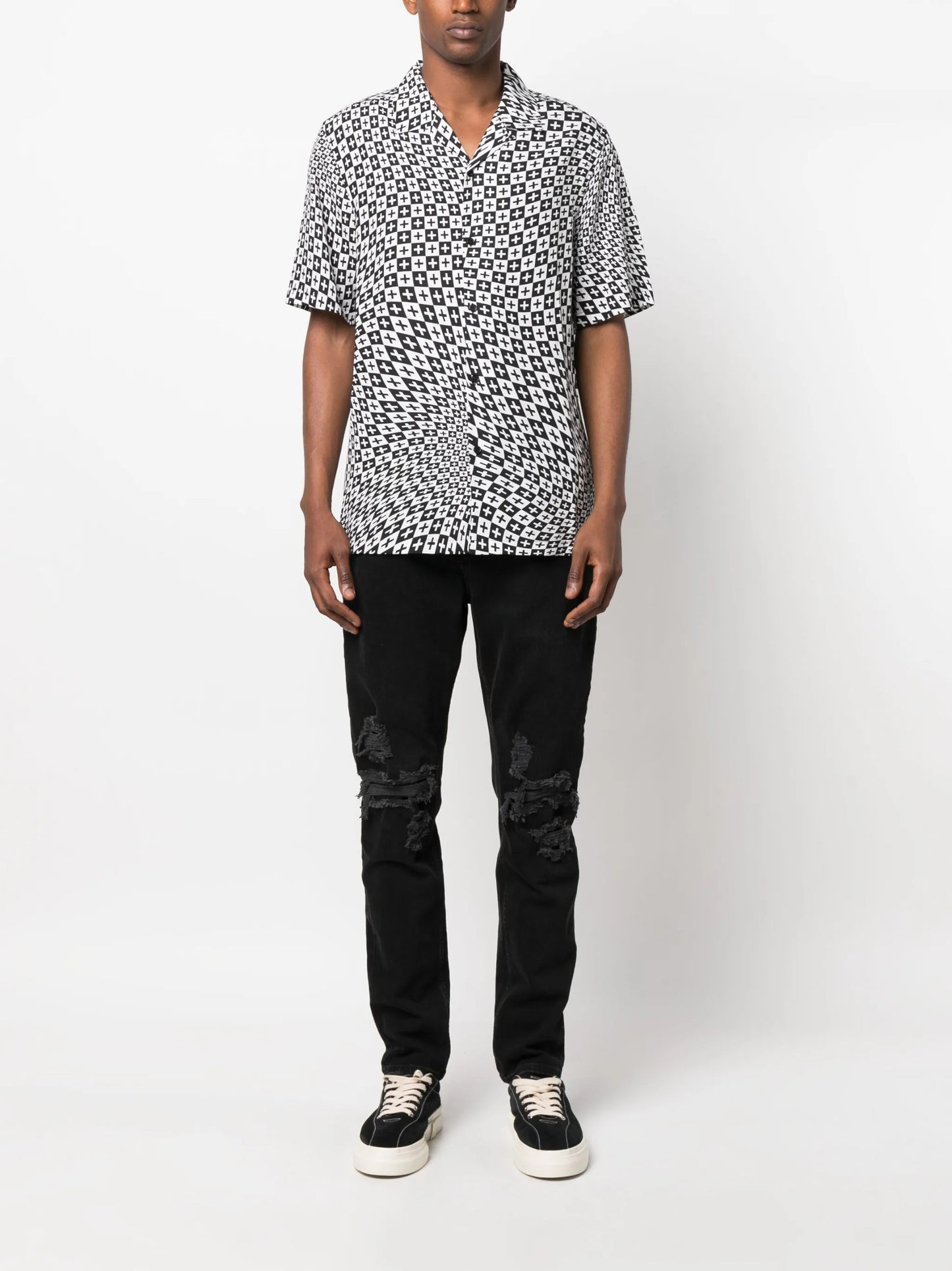 two-tone print spread-collar shirt