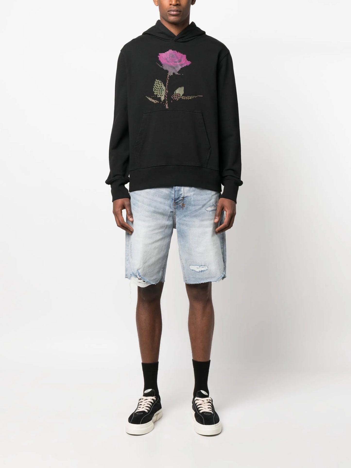 pixelated rose-print cotton hoodie