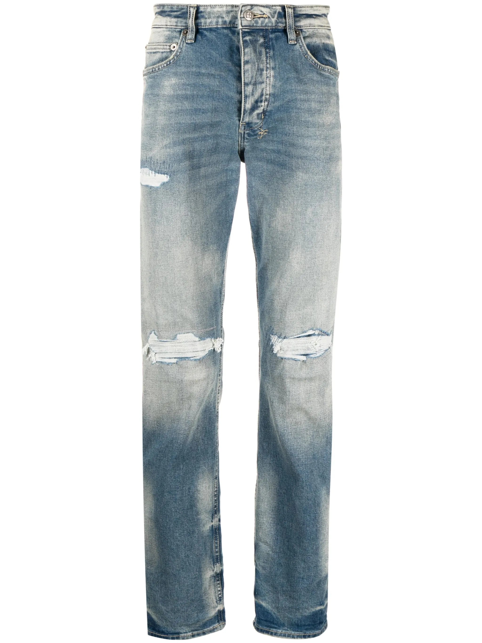 distressed slim-cut jeans