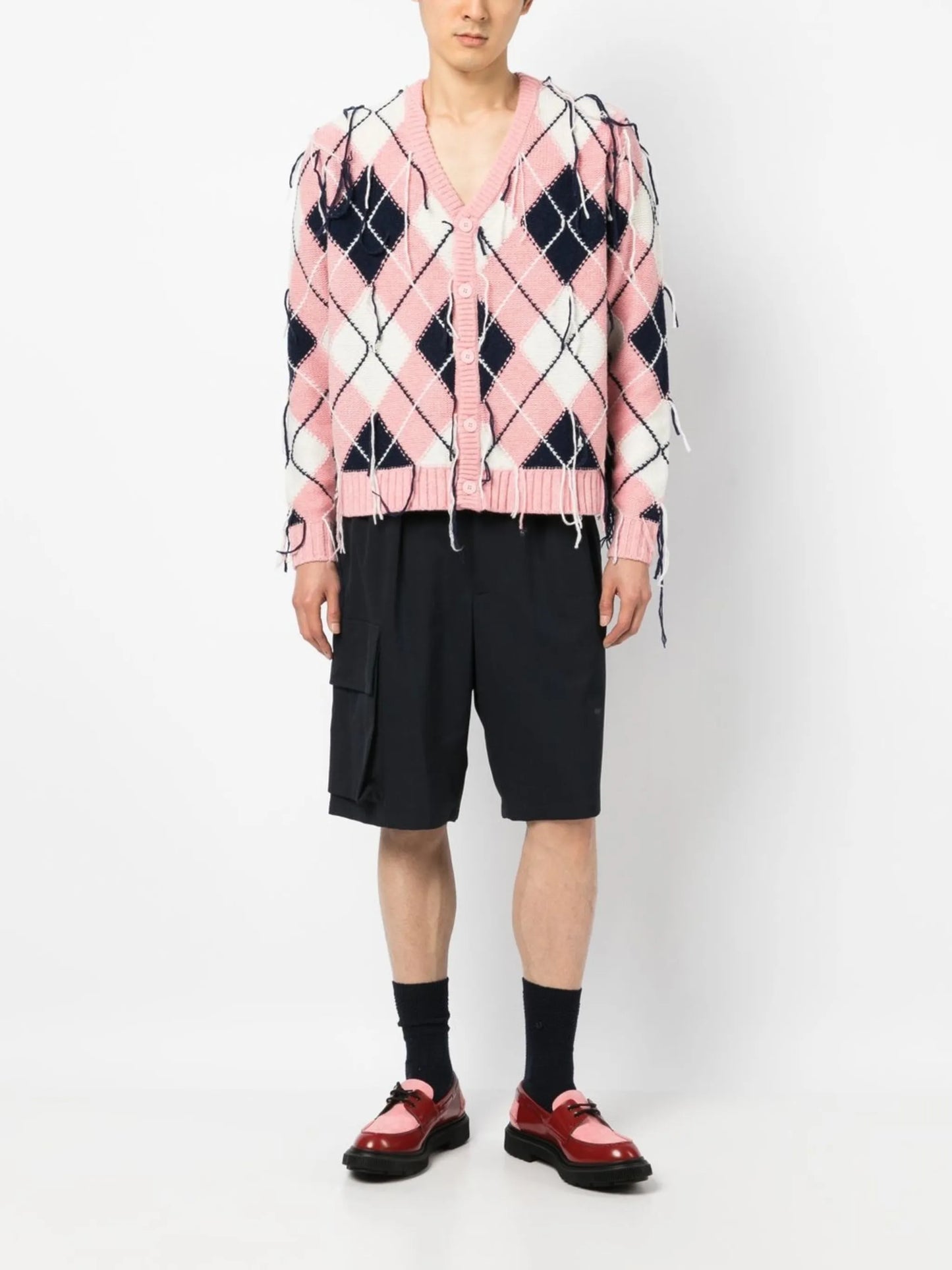 frayed diamond-knit cardigan