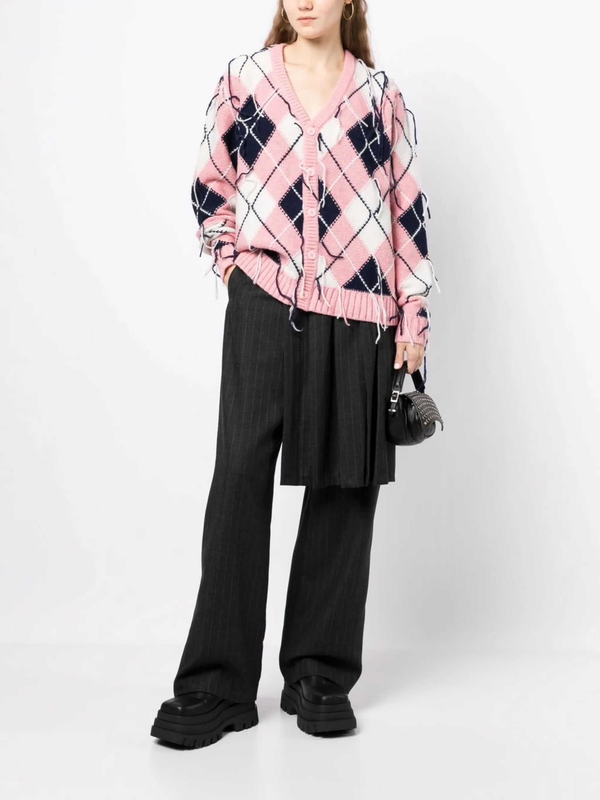 frayed diamond-knit cardigan