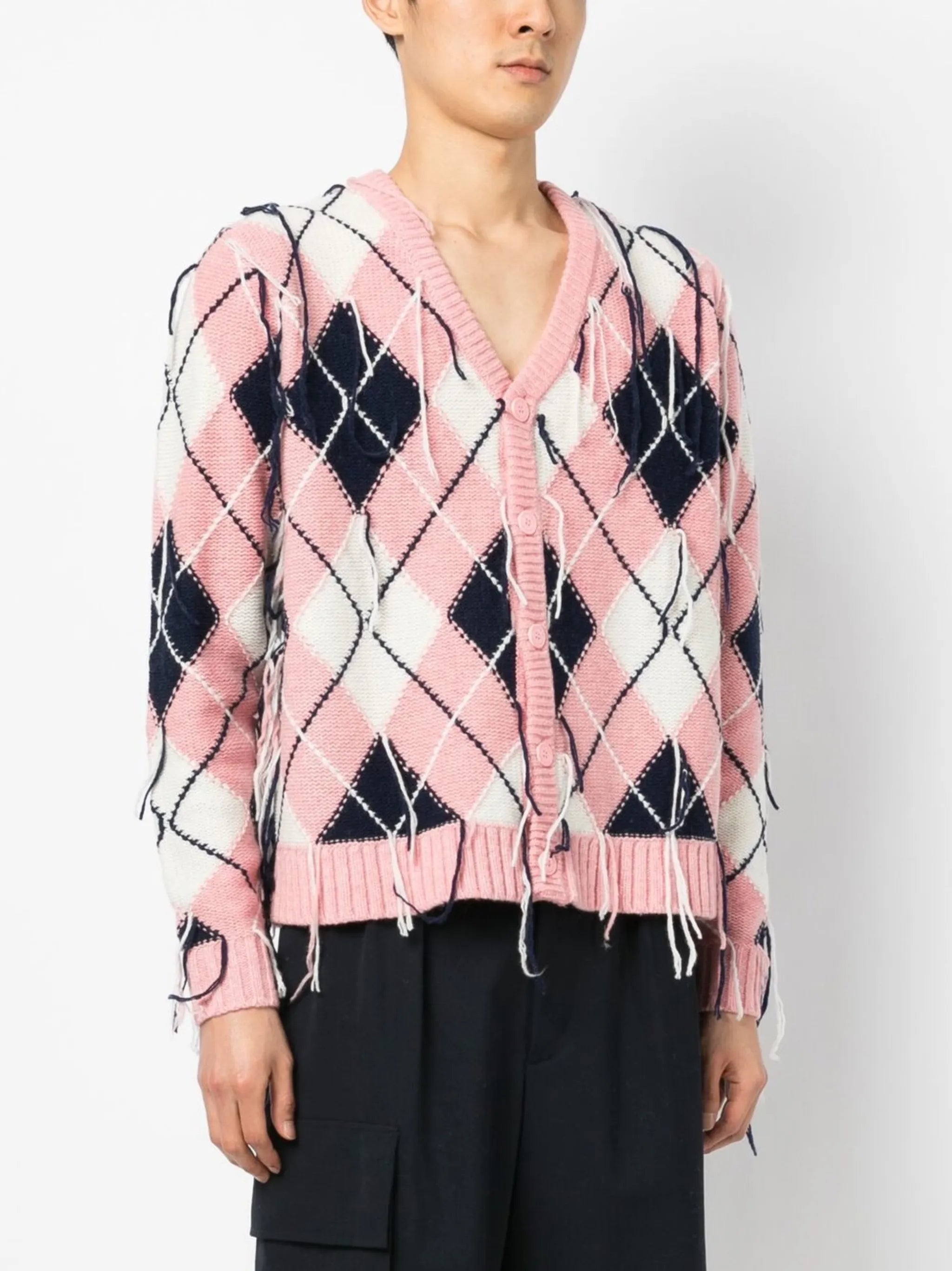 frayed diamond-knit cardigan