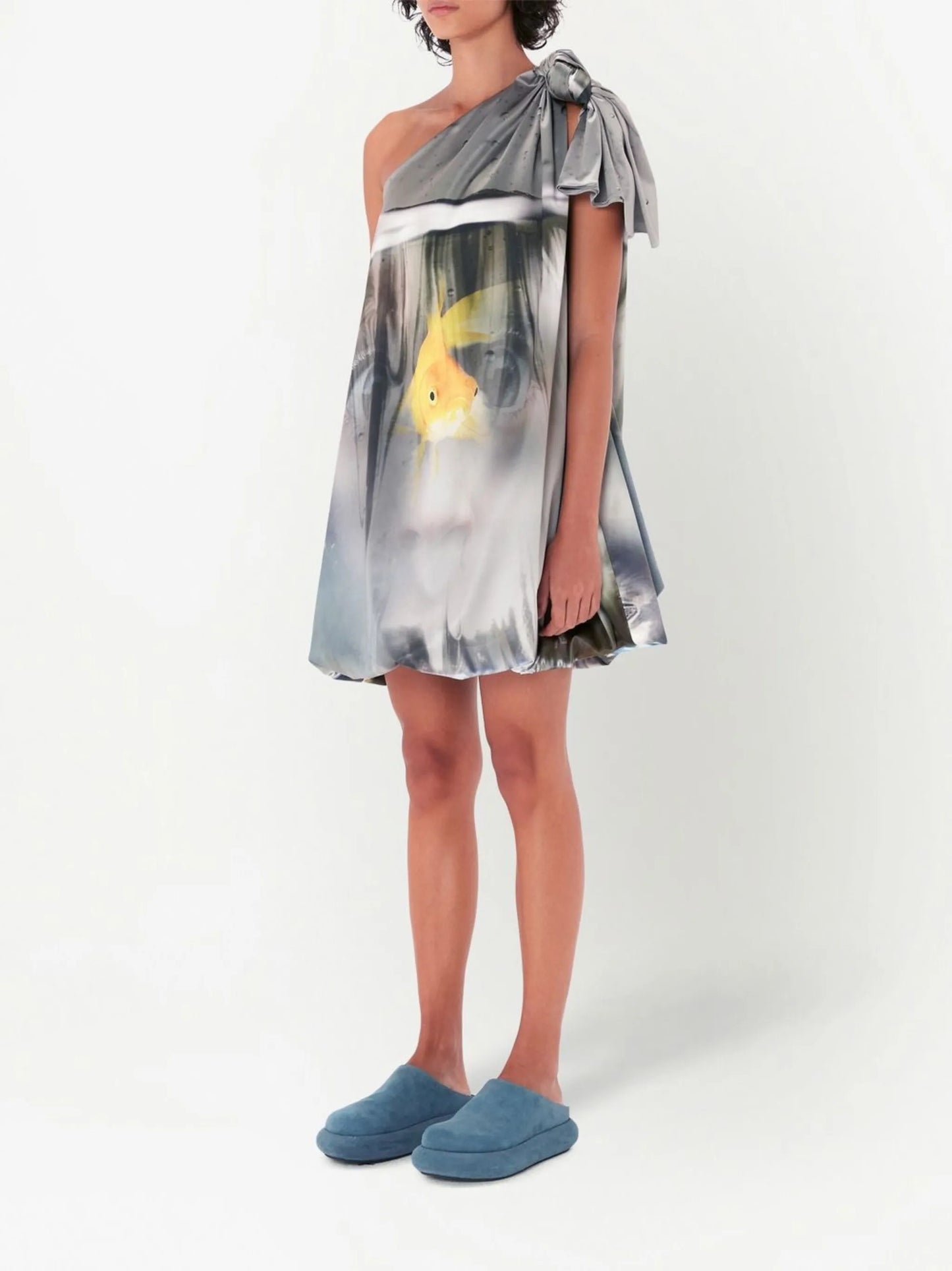 goldfish-print one-shoulder dress