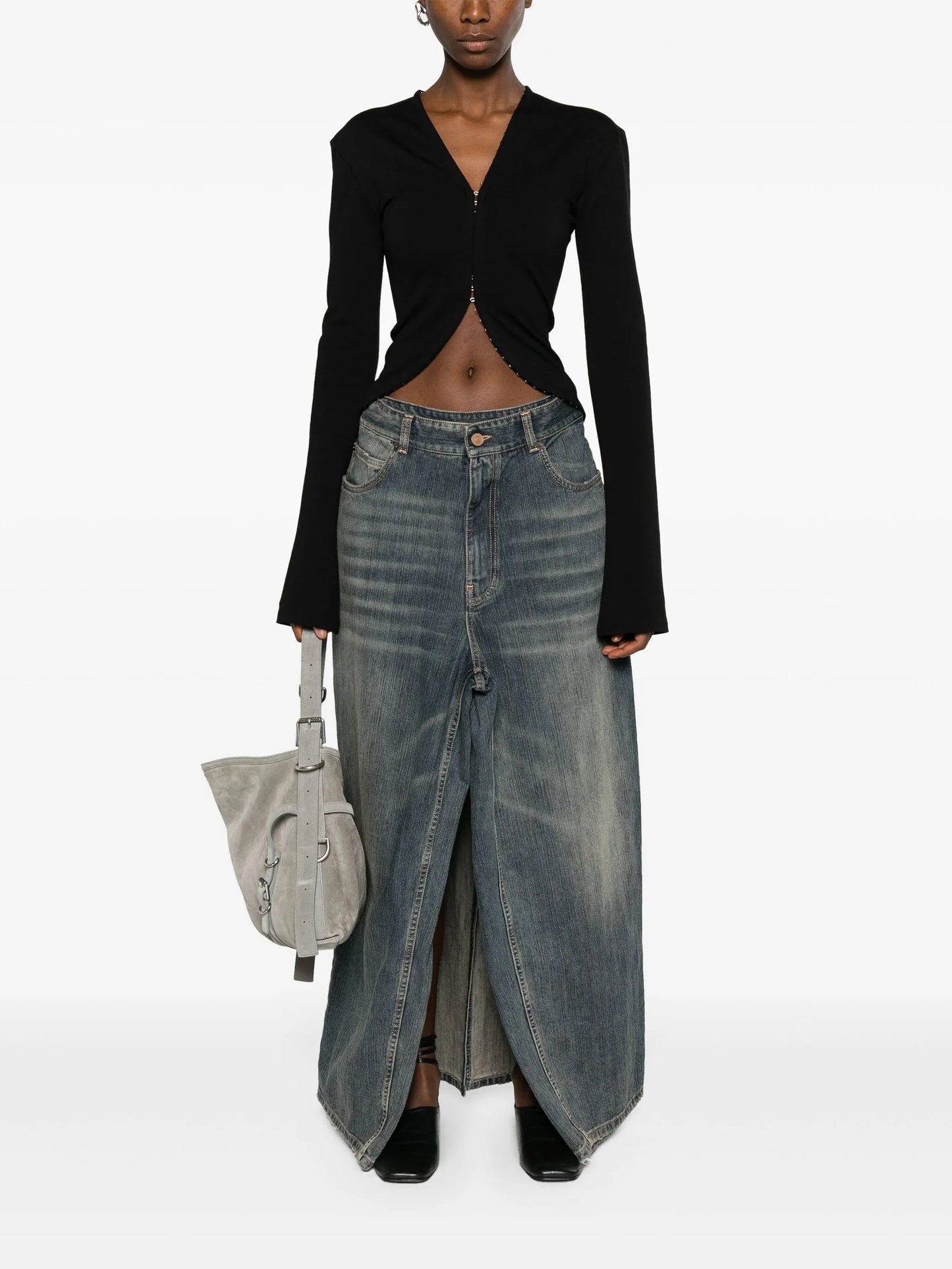 Apron high-rise denim skirt