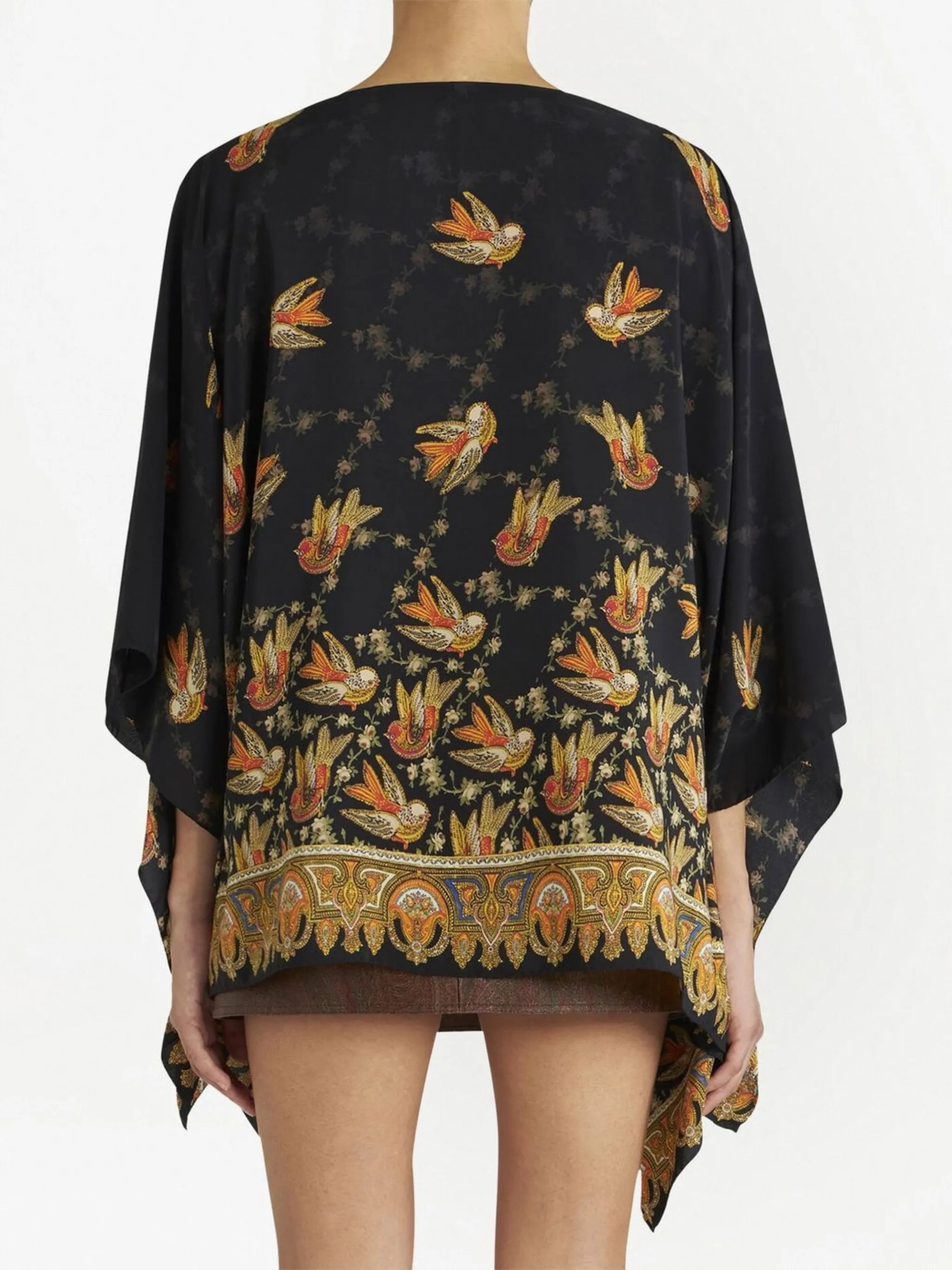 bird-print silk blouse