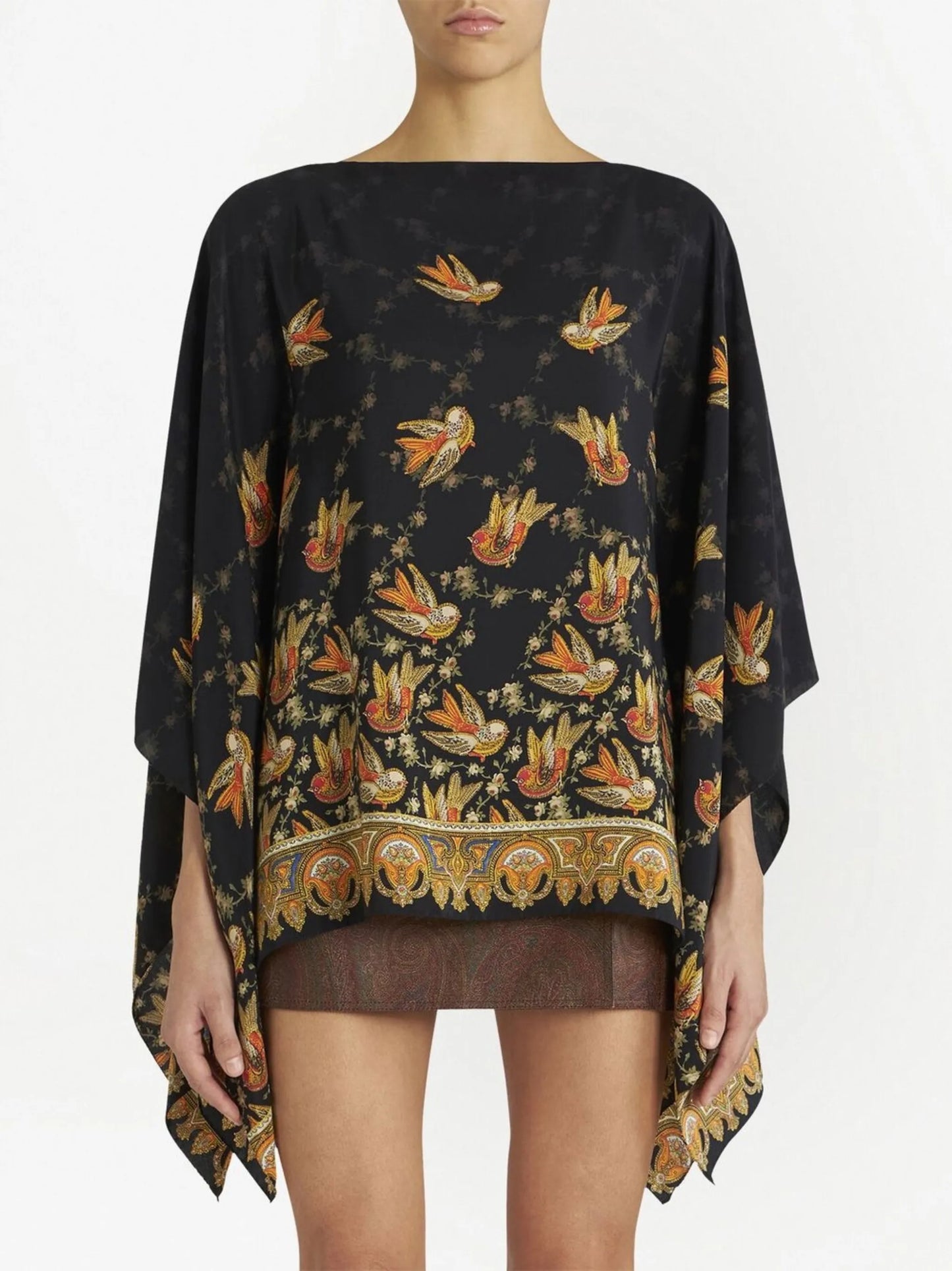 bird-print silk blouse