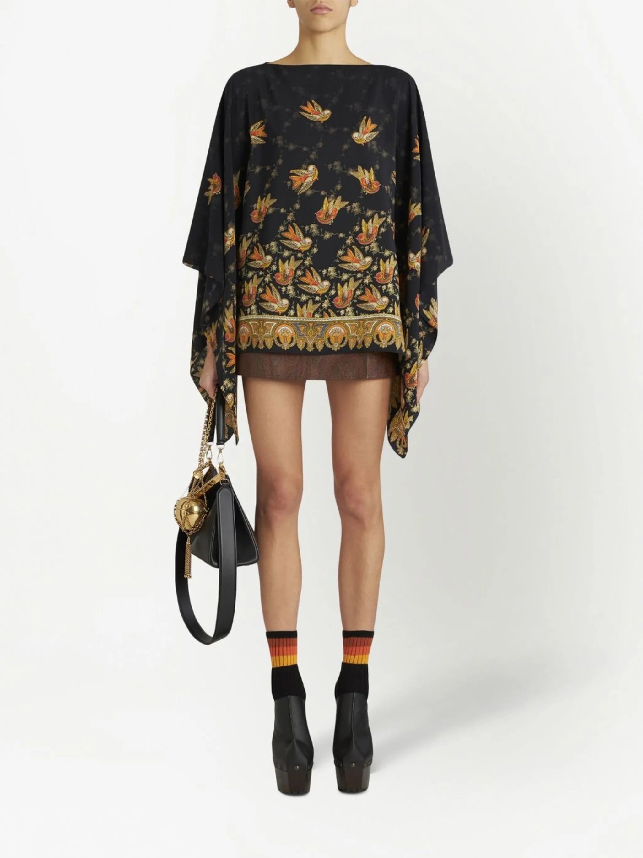bird-print silk blouse