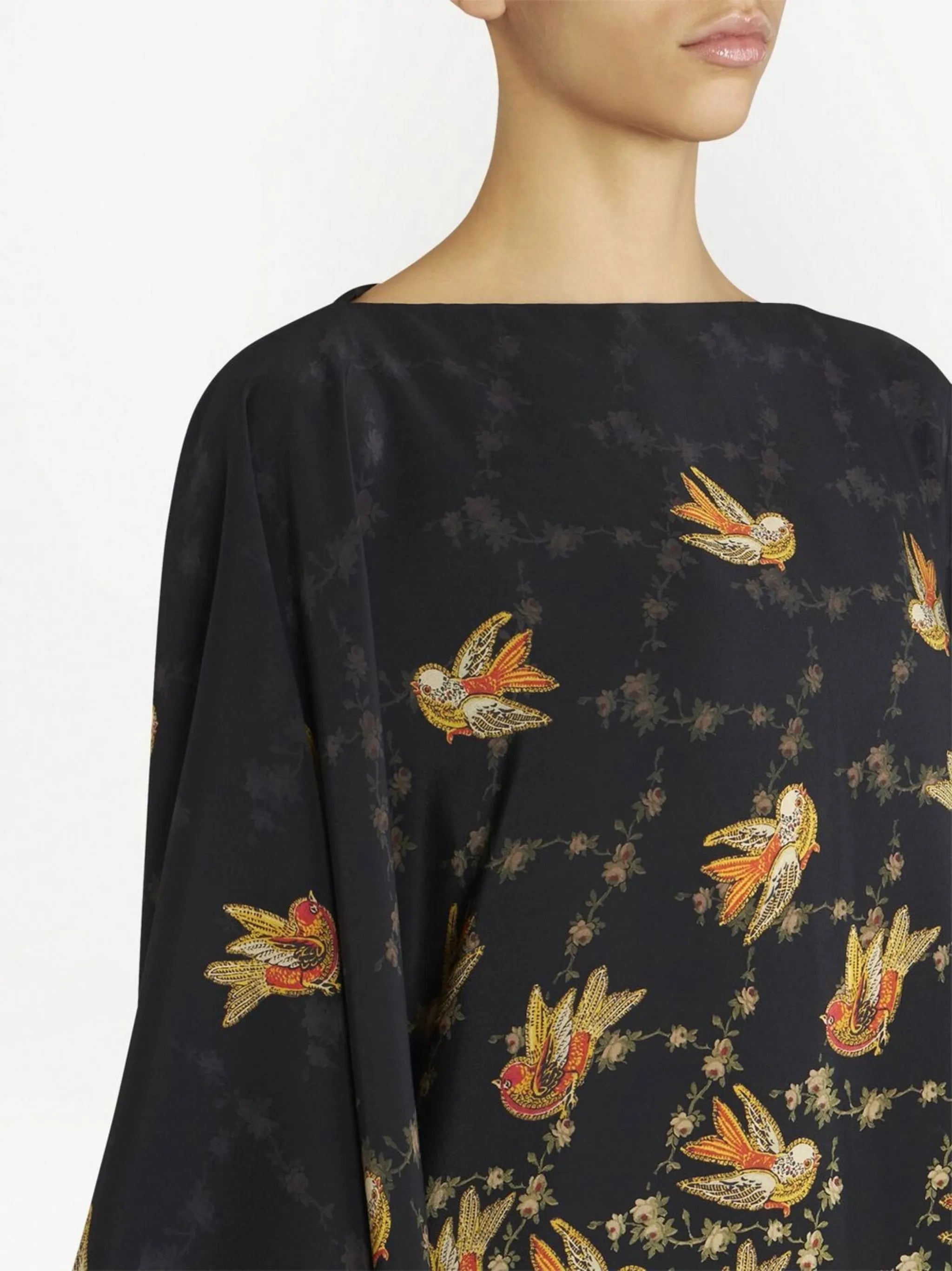bird-print silk blouse