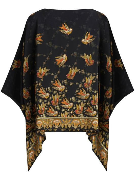 bird-print silk blouse