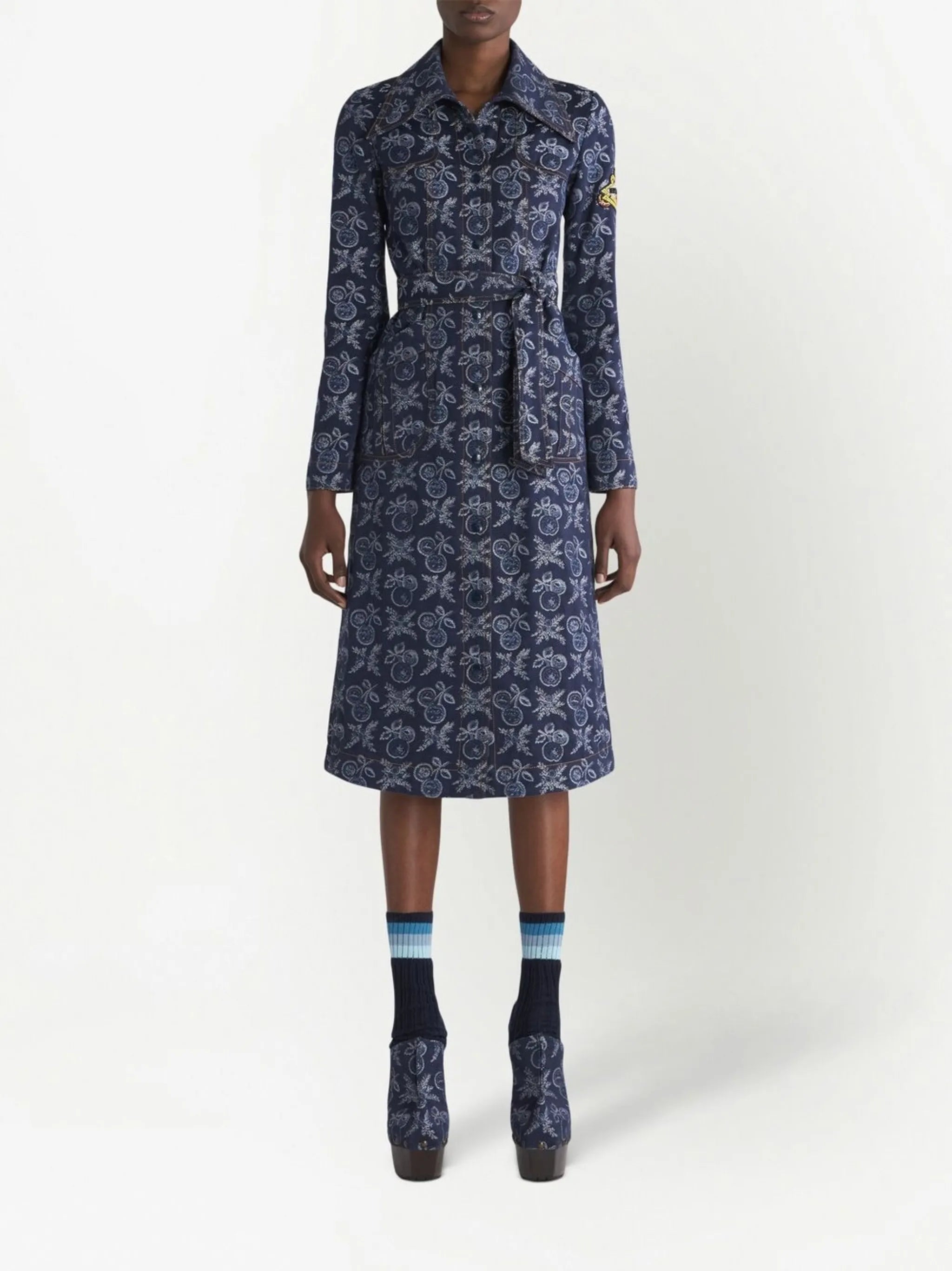floral-jacquard belted dress