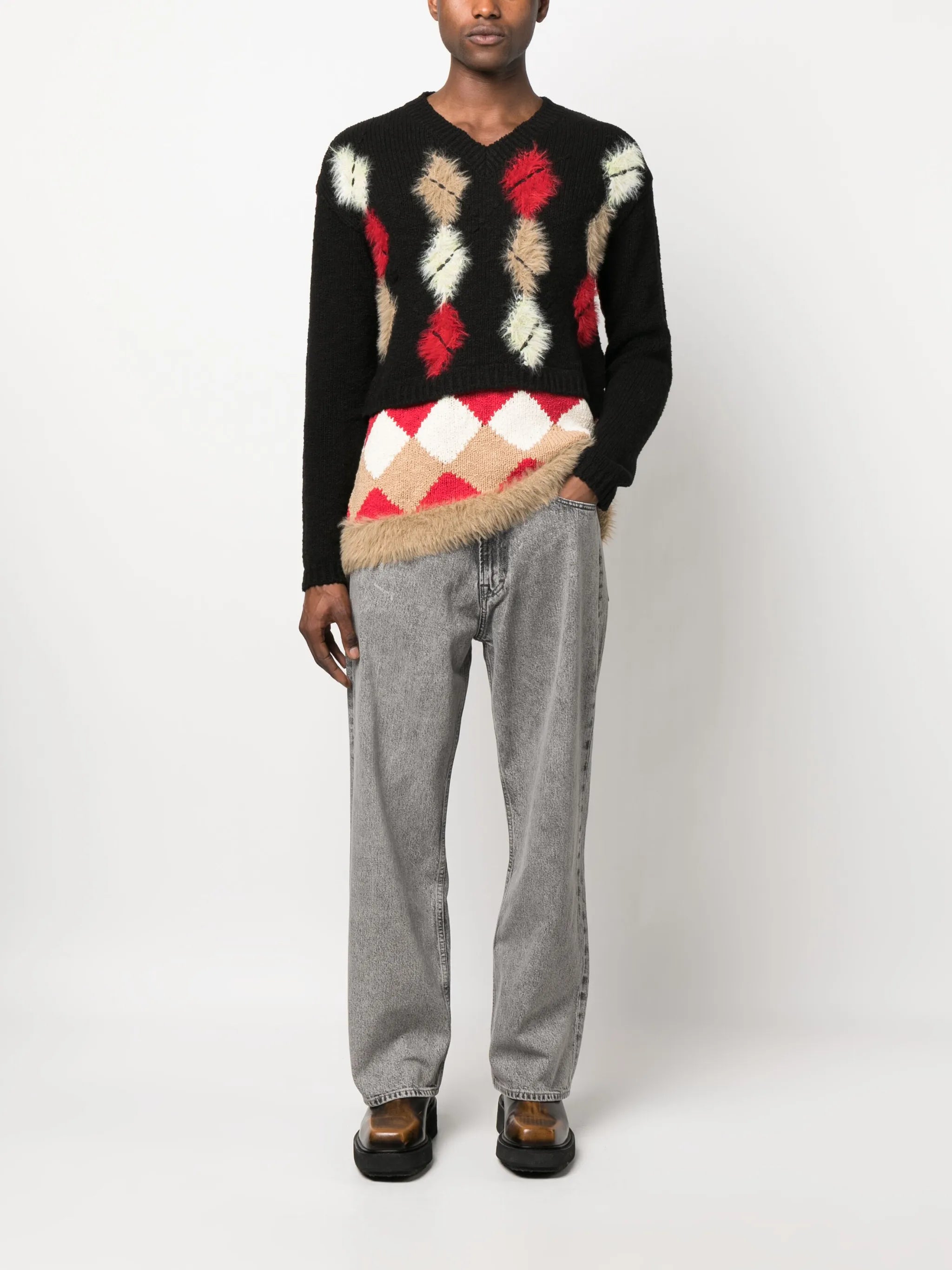 argyle-pattern brushed cotton jumper