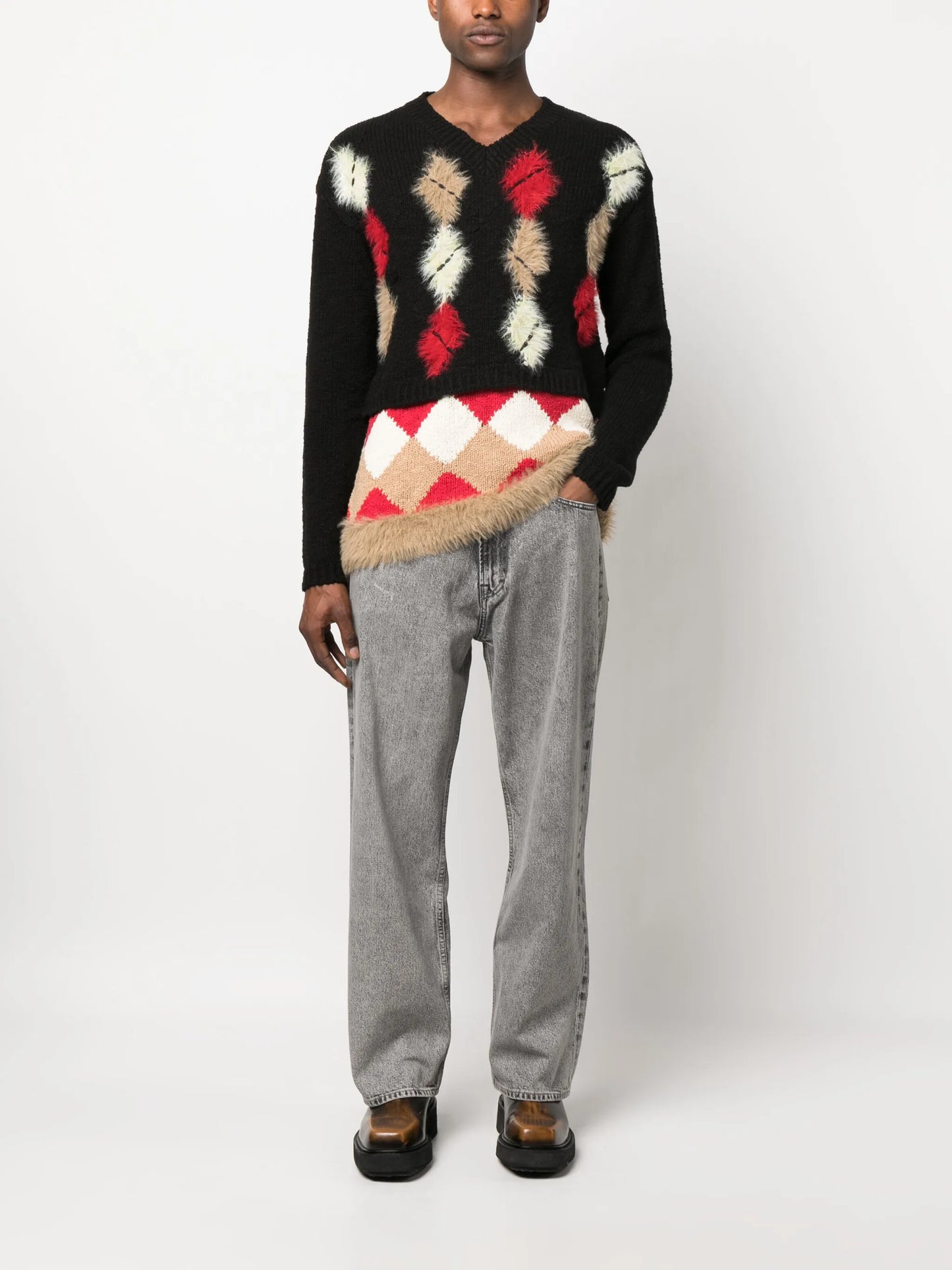 argyle-pattern brushed cotton jumper
