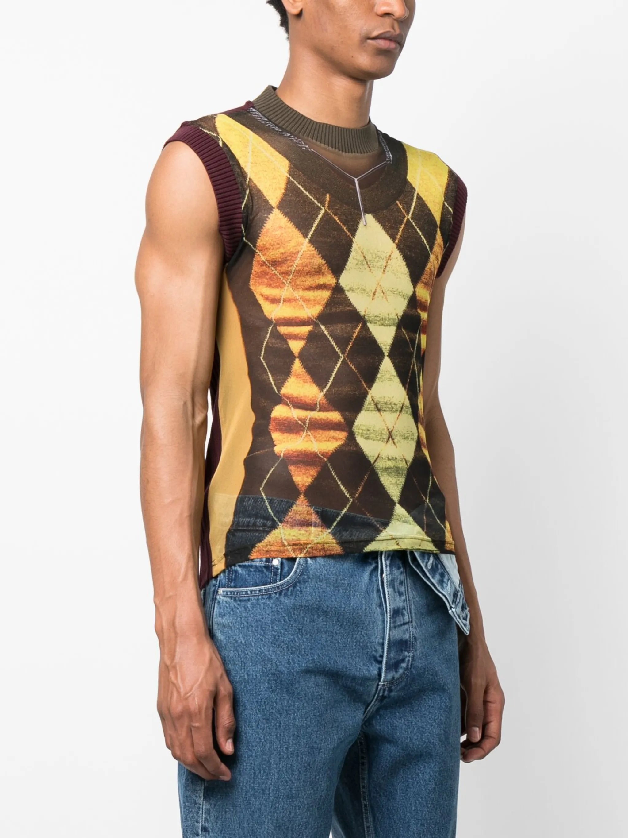 Trompe L'Oeil Argyle mesh tank top