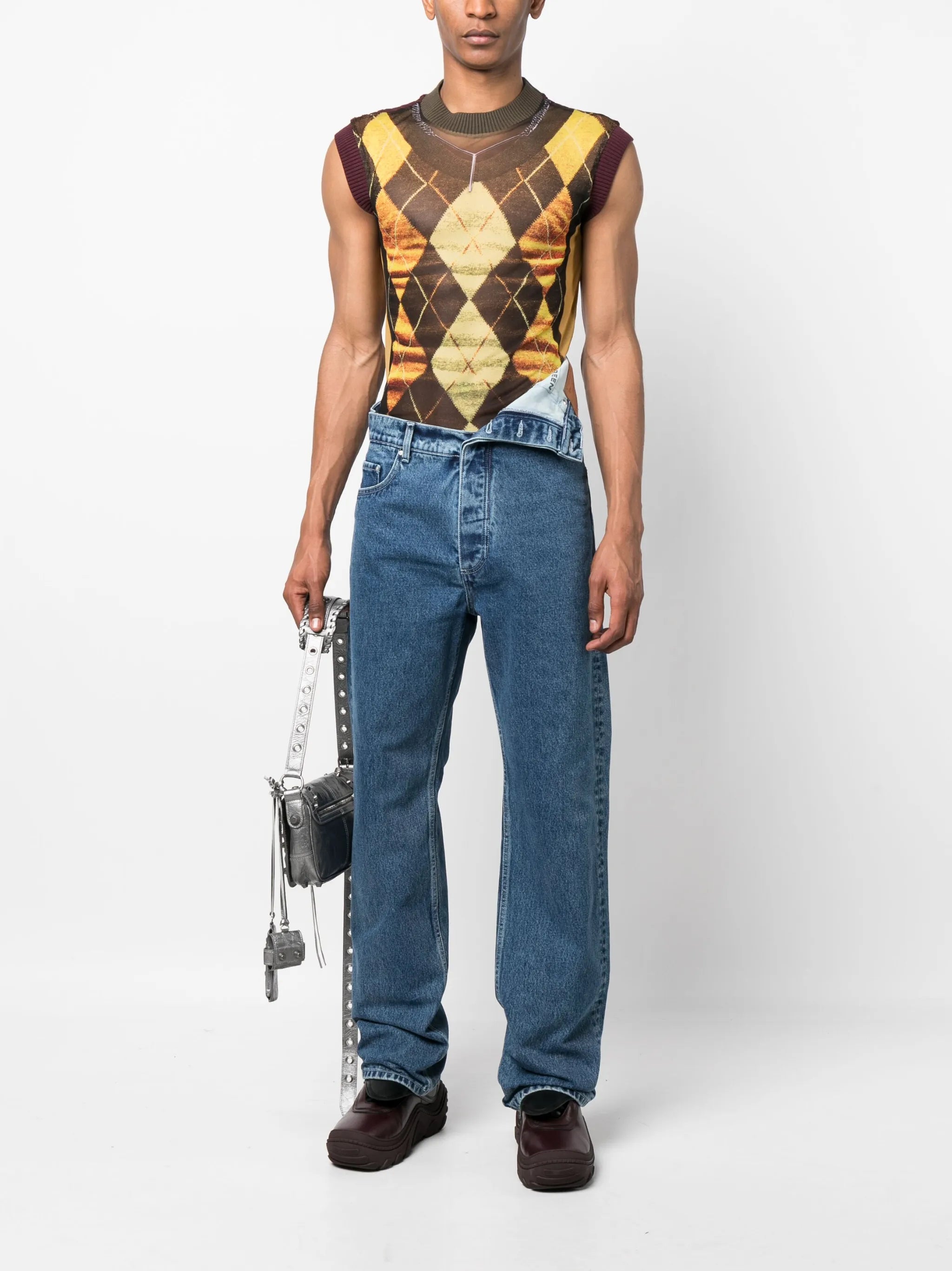 Trompe L'Oeil Argyle mesh tank top