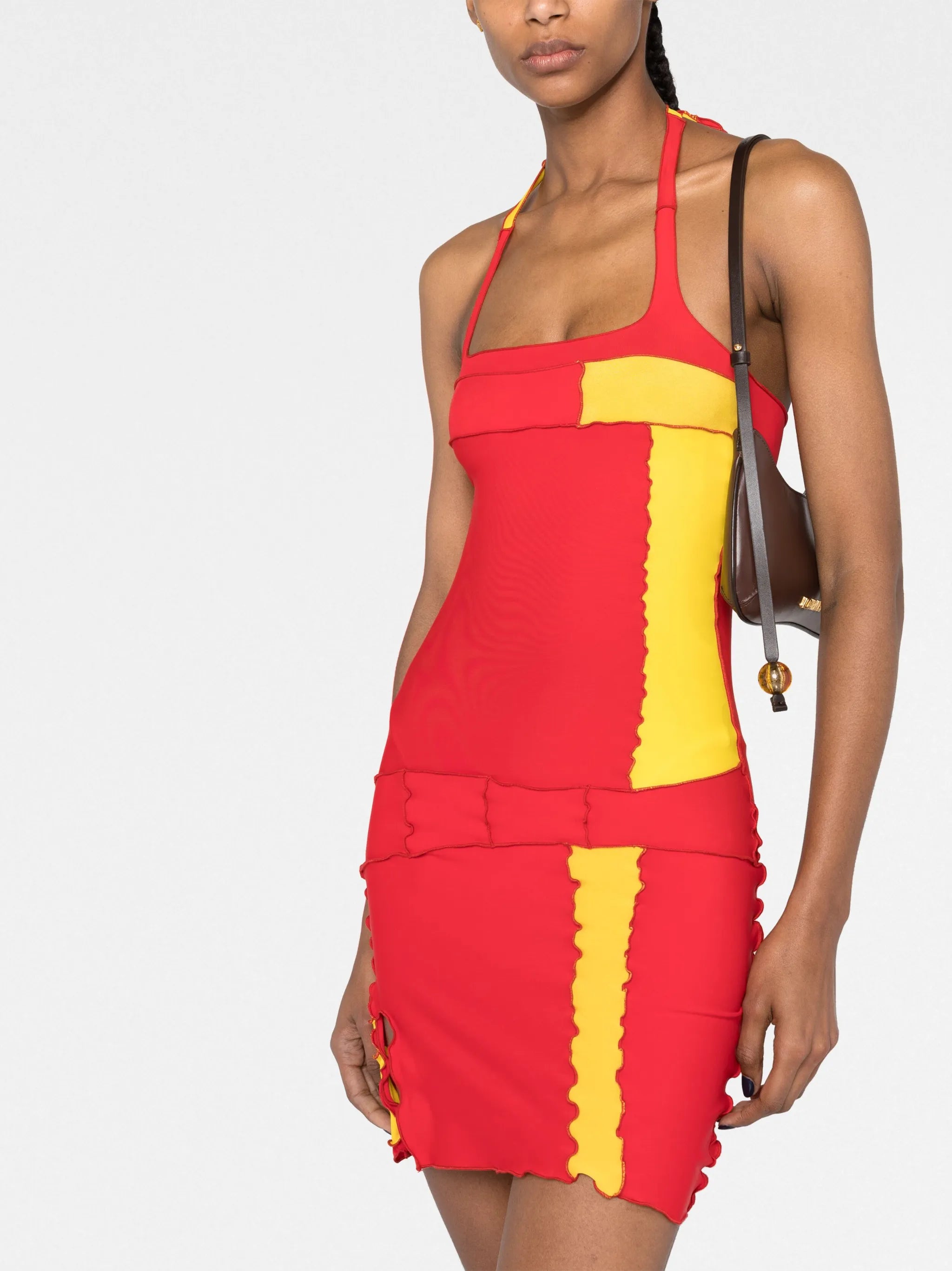 patchwork halterneck mini dress