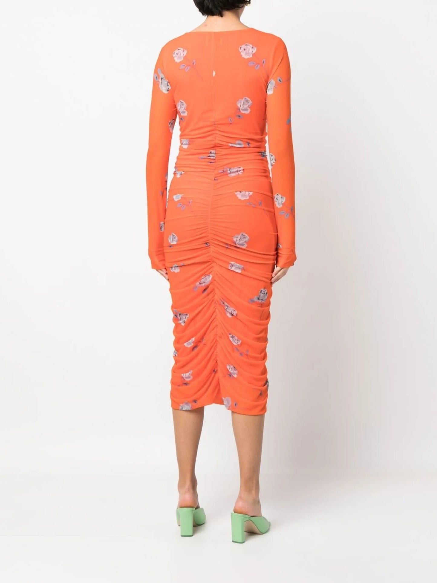 floral-print ruched midi dress