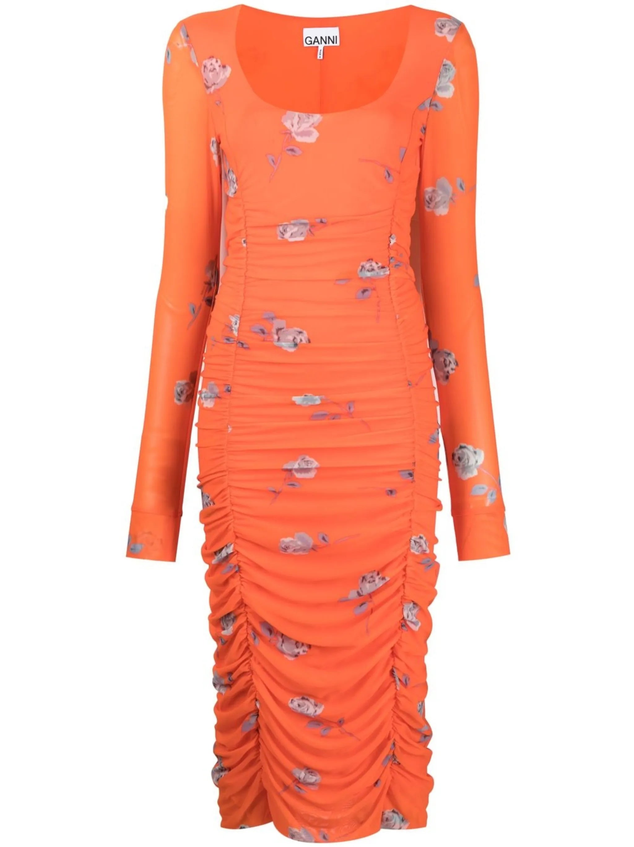 floral-print ruched midi dress