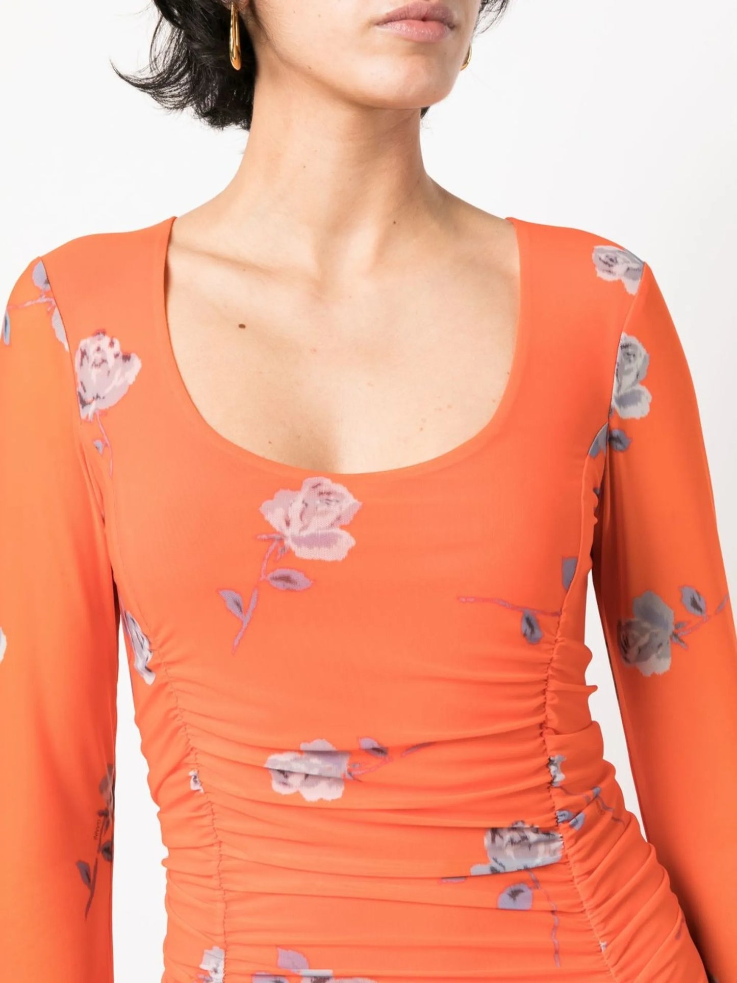 floral-print ruched midi dress