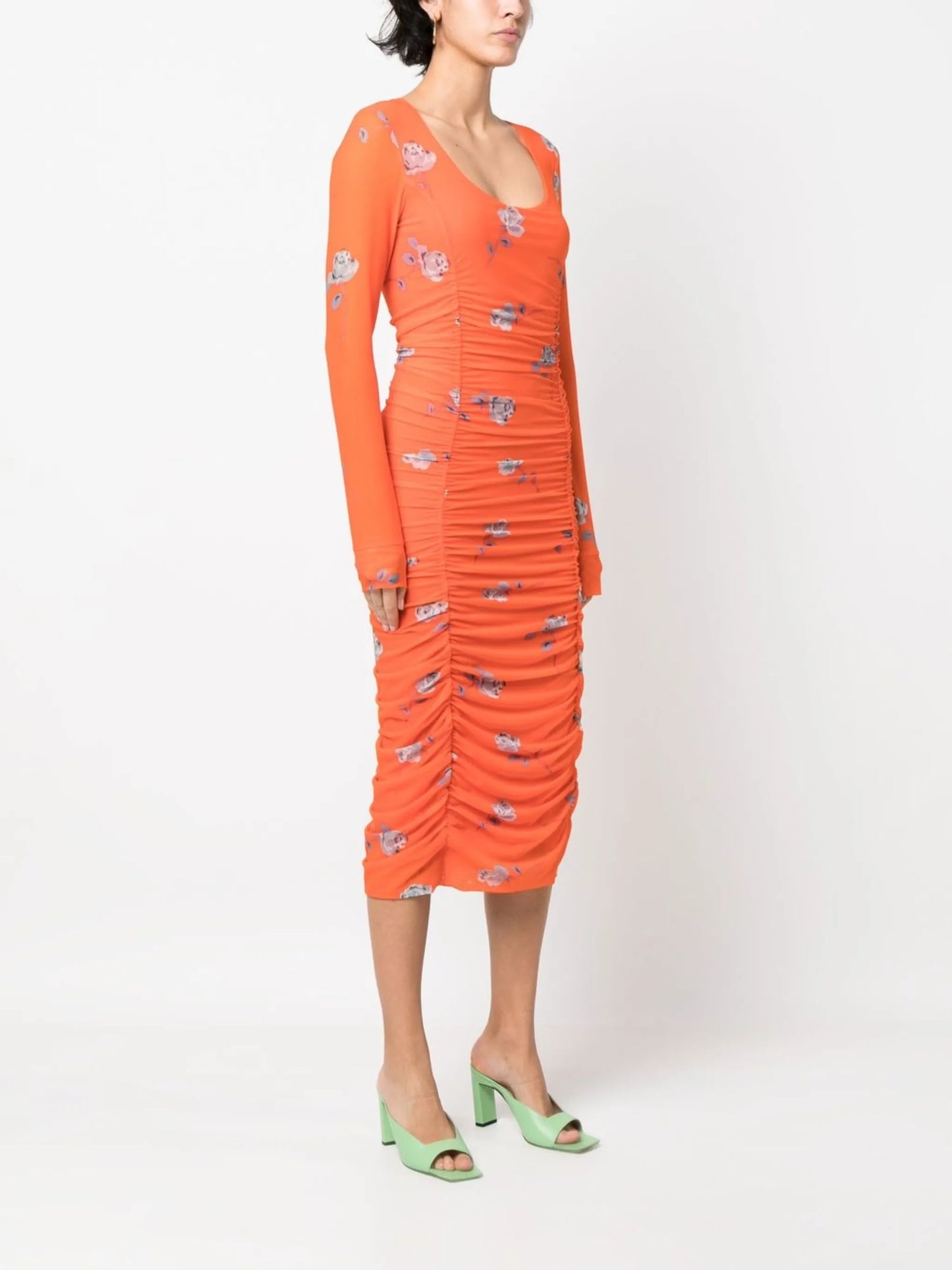 floral-print ruched midi dress