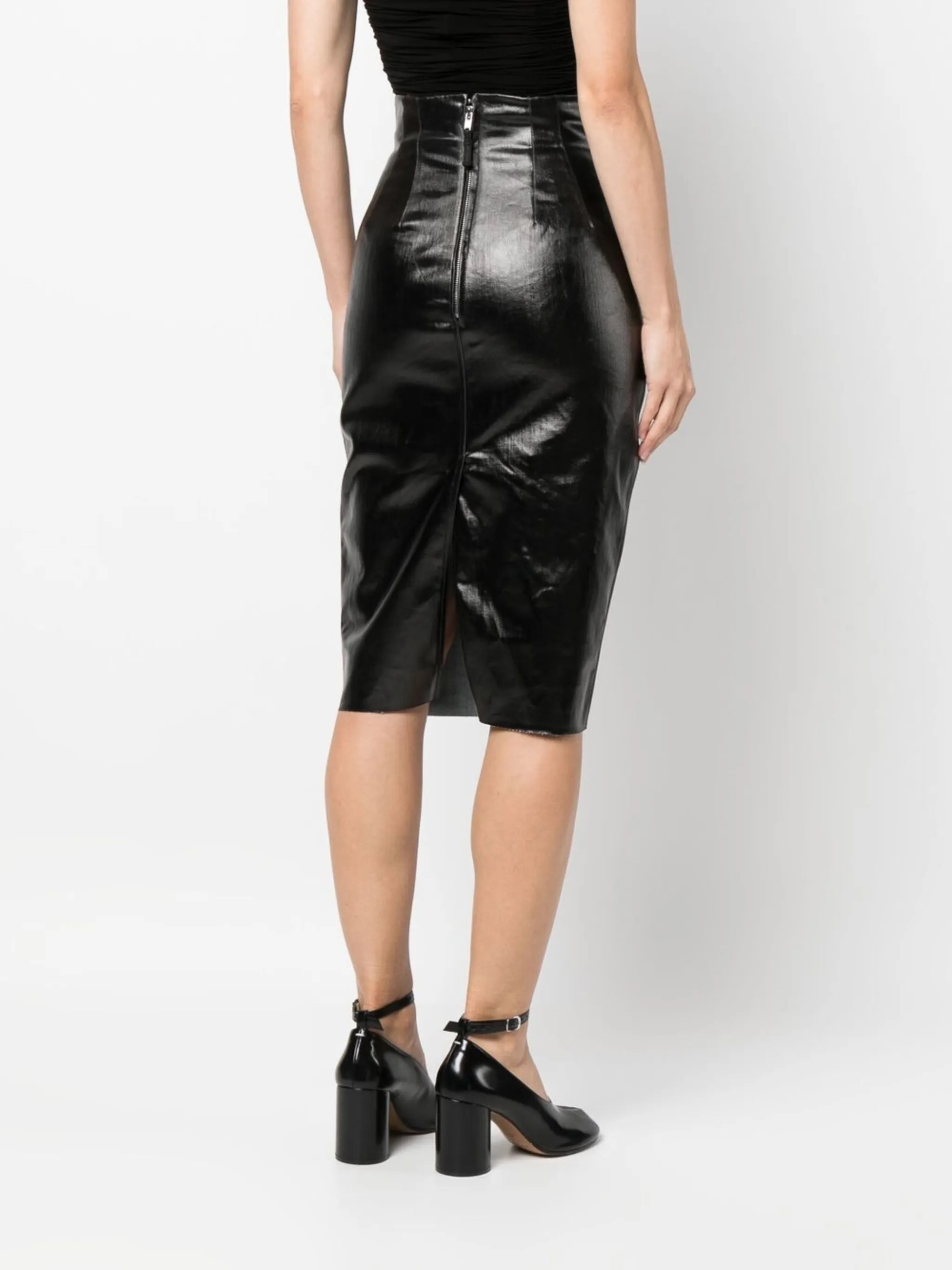 high-waisted wax-coated skirt