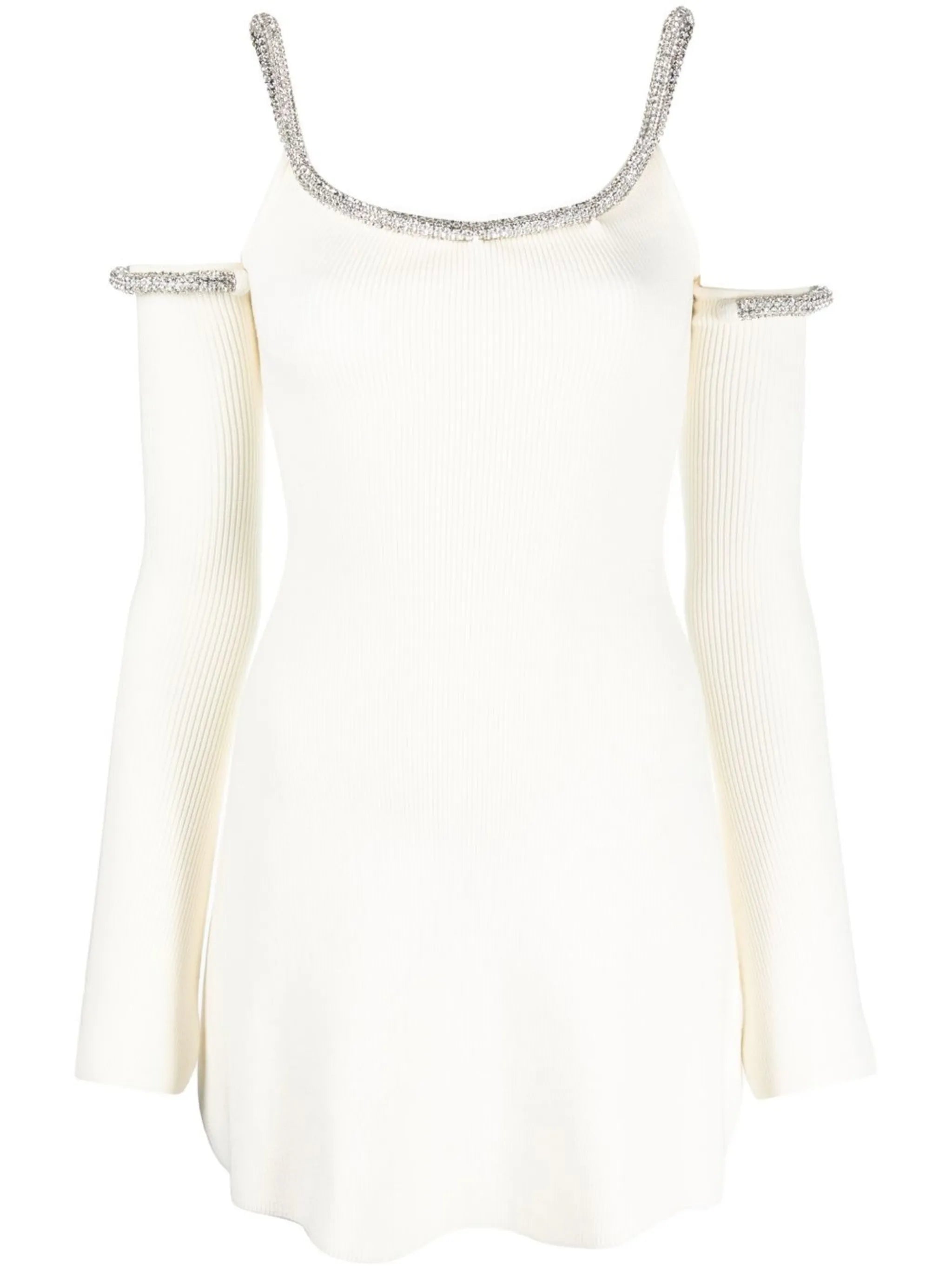 Cream Crystal Embellished Long Sleeve Mini Dress