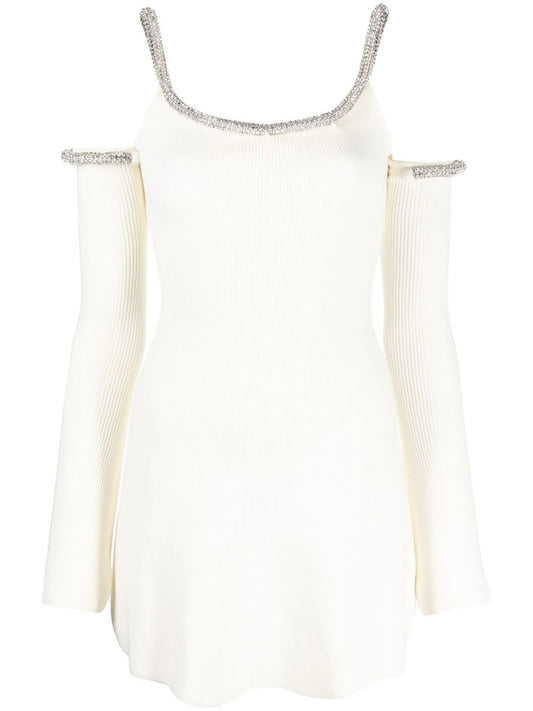 Cream Crystal Embellished Long Sleeve Mini Dress