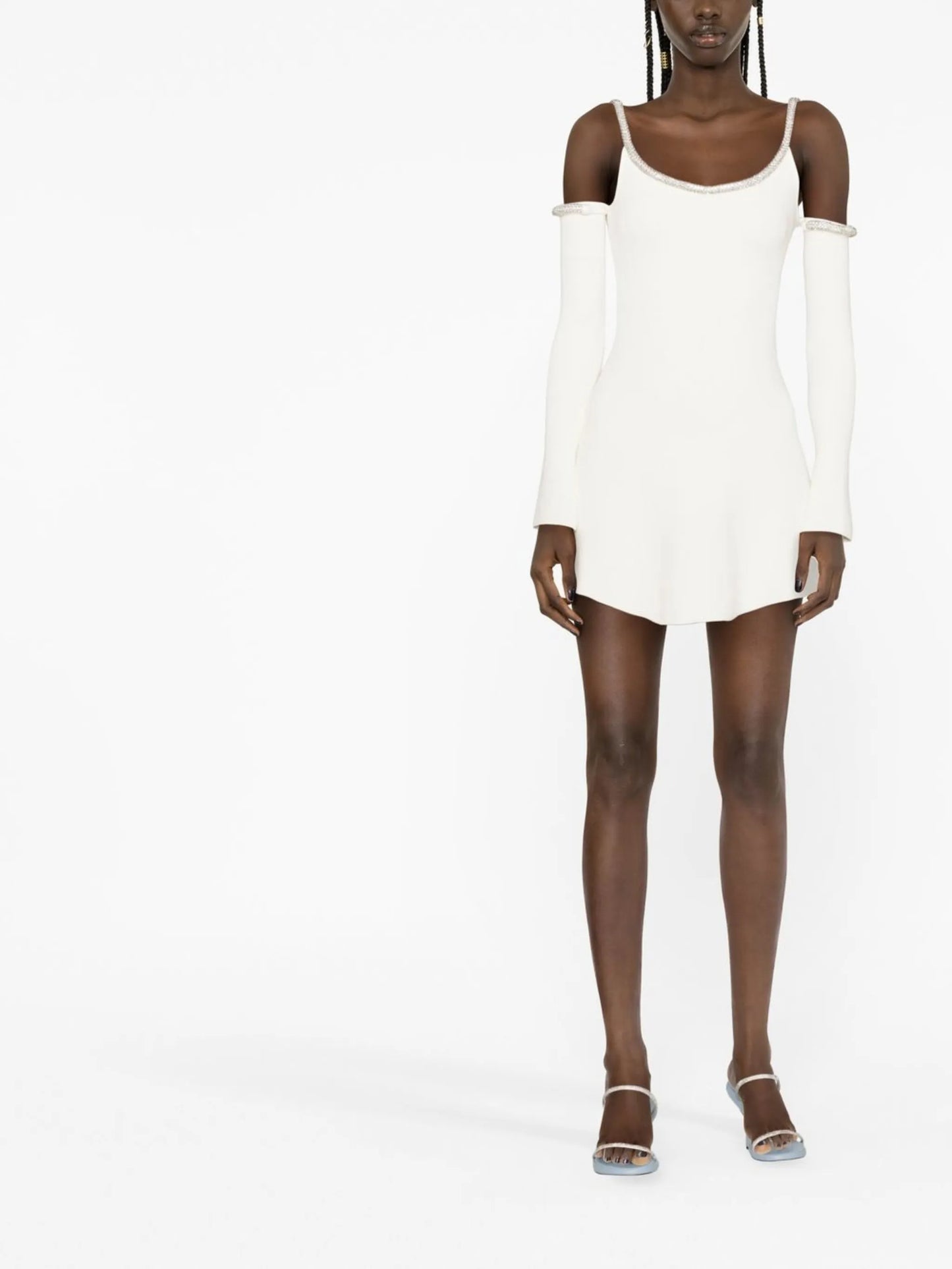 Cream Crystal Embellished Long Sleeve Mini Dress