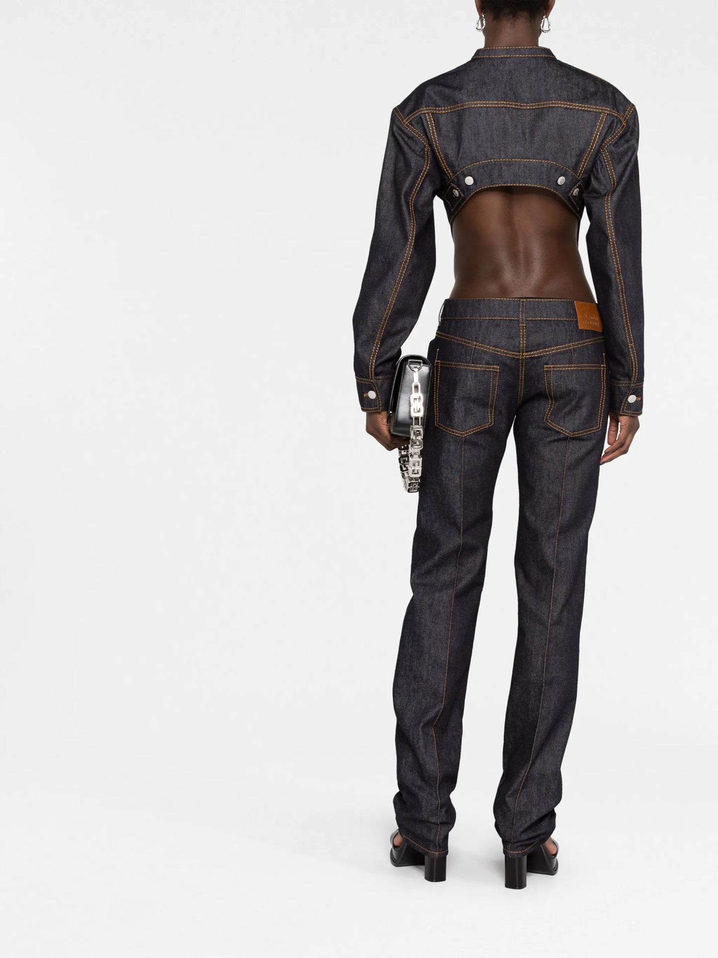 button-up backless denim jumpsuit